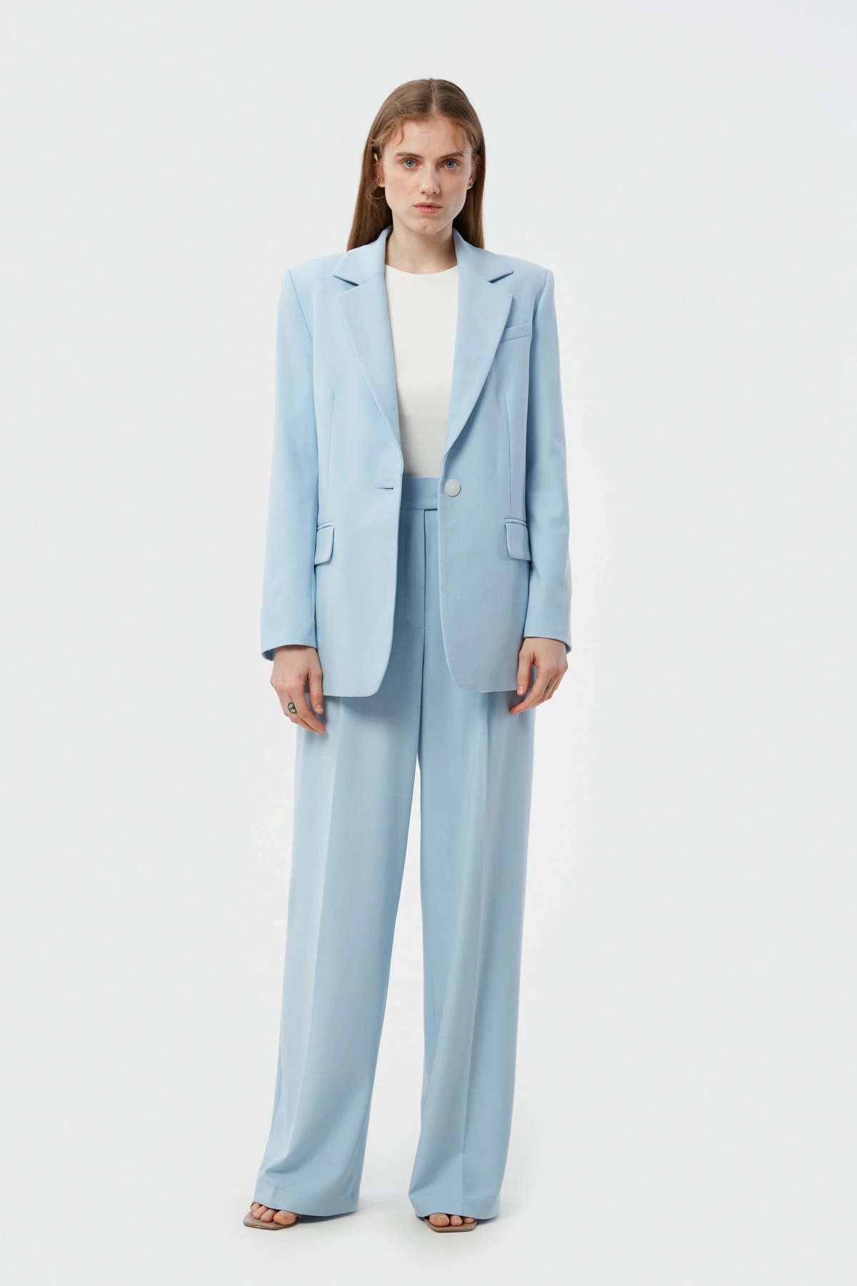 Baby blue palazzo pants made of suit fabric with viscose, photo 4