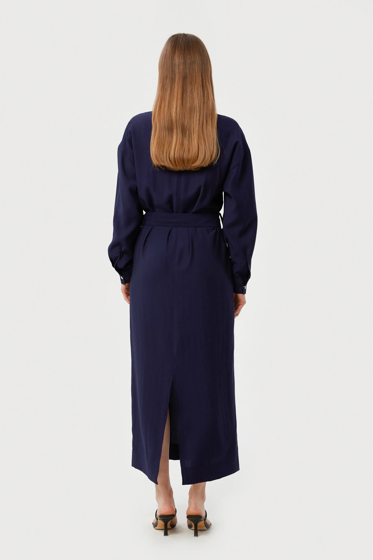 Navy blue straight-cut elongated midi dress made of viscose, photo 4