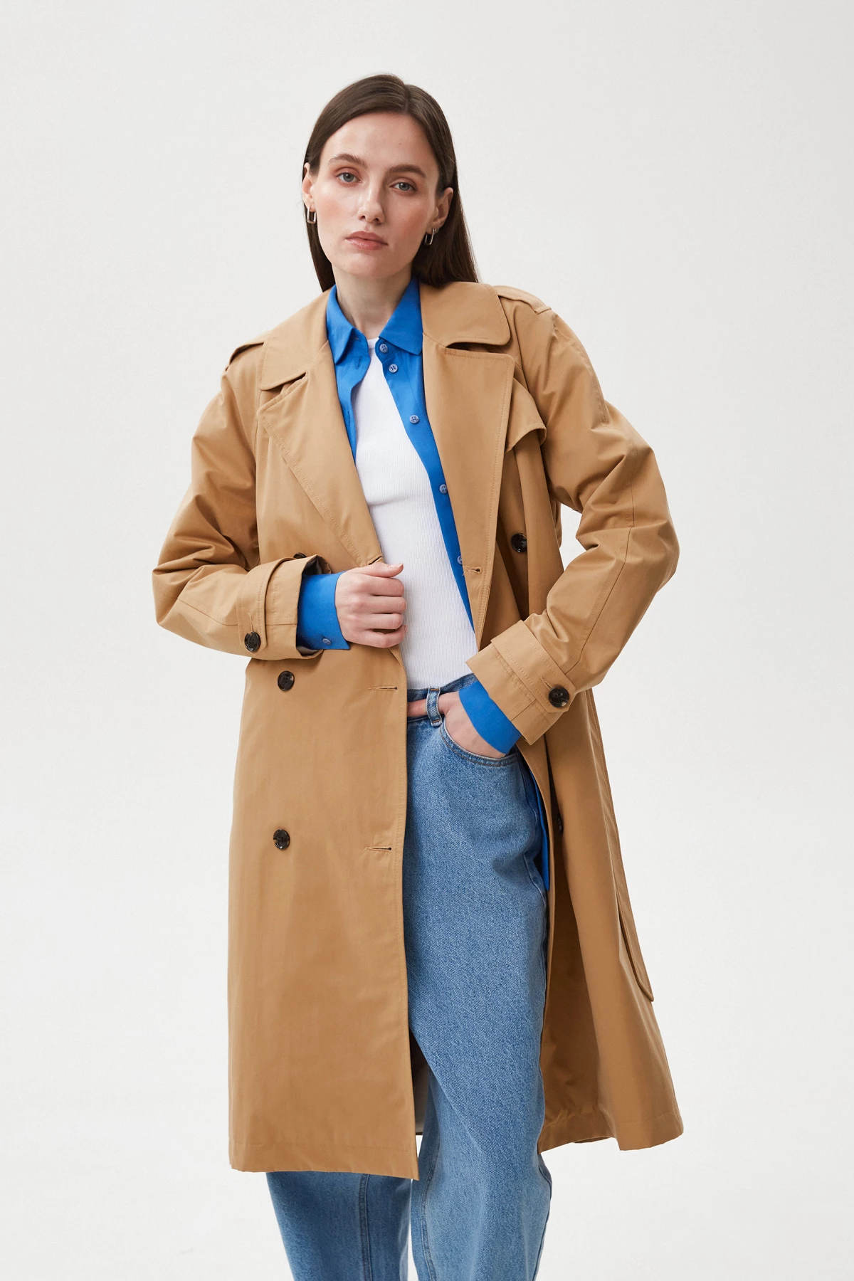 Camel trench coat below the knee made of cotton, photo 2