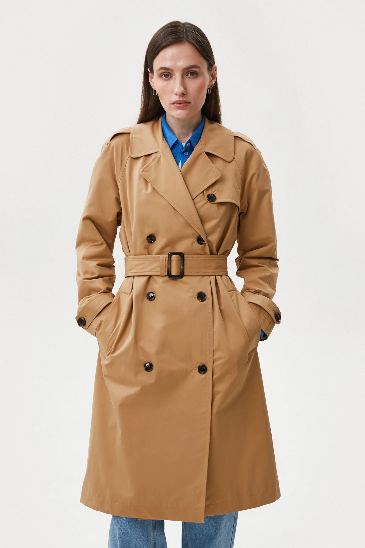 Camel trench coat below the knee made of cotton, photo 1