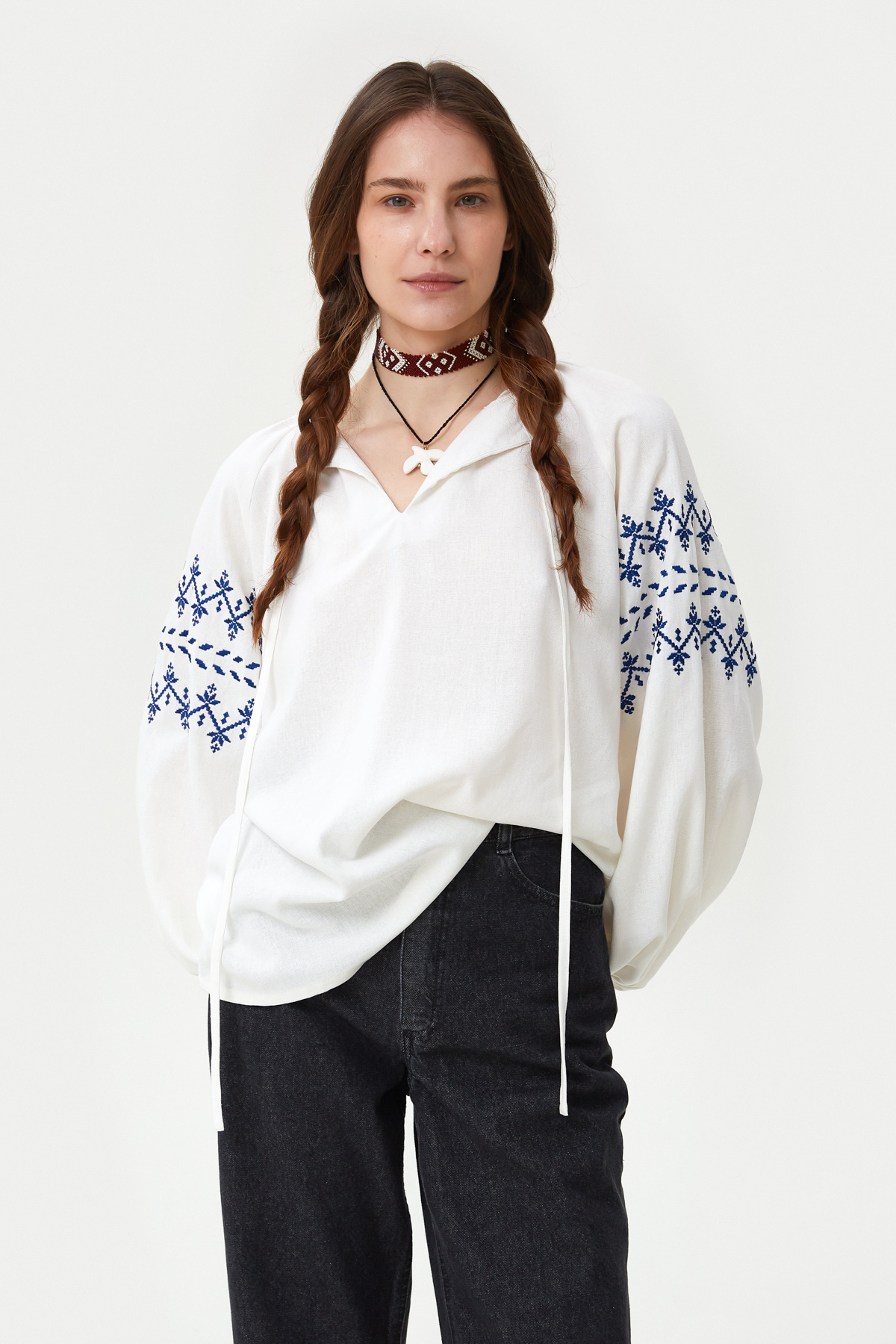 Milky linen vyshyvanka shirt with zigzags embroidery, photo 1