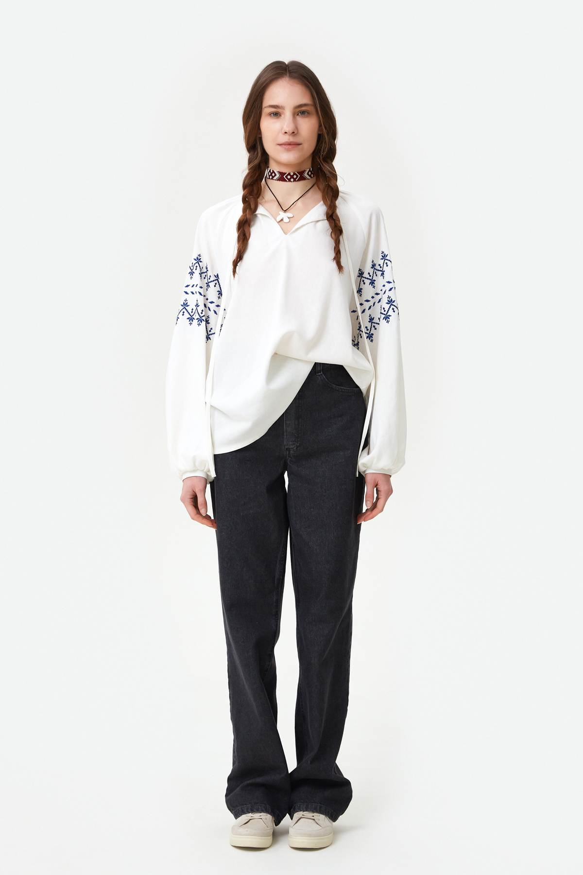 Milky linen vyshyvanka shirt with zigzags embroidery, photo 2