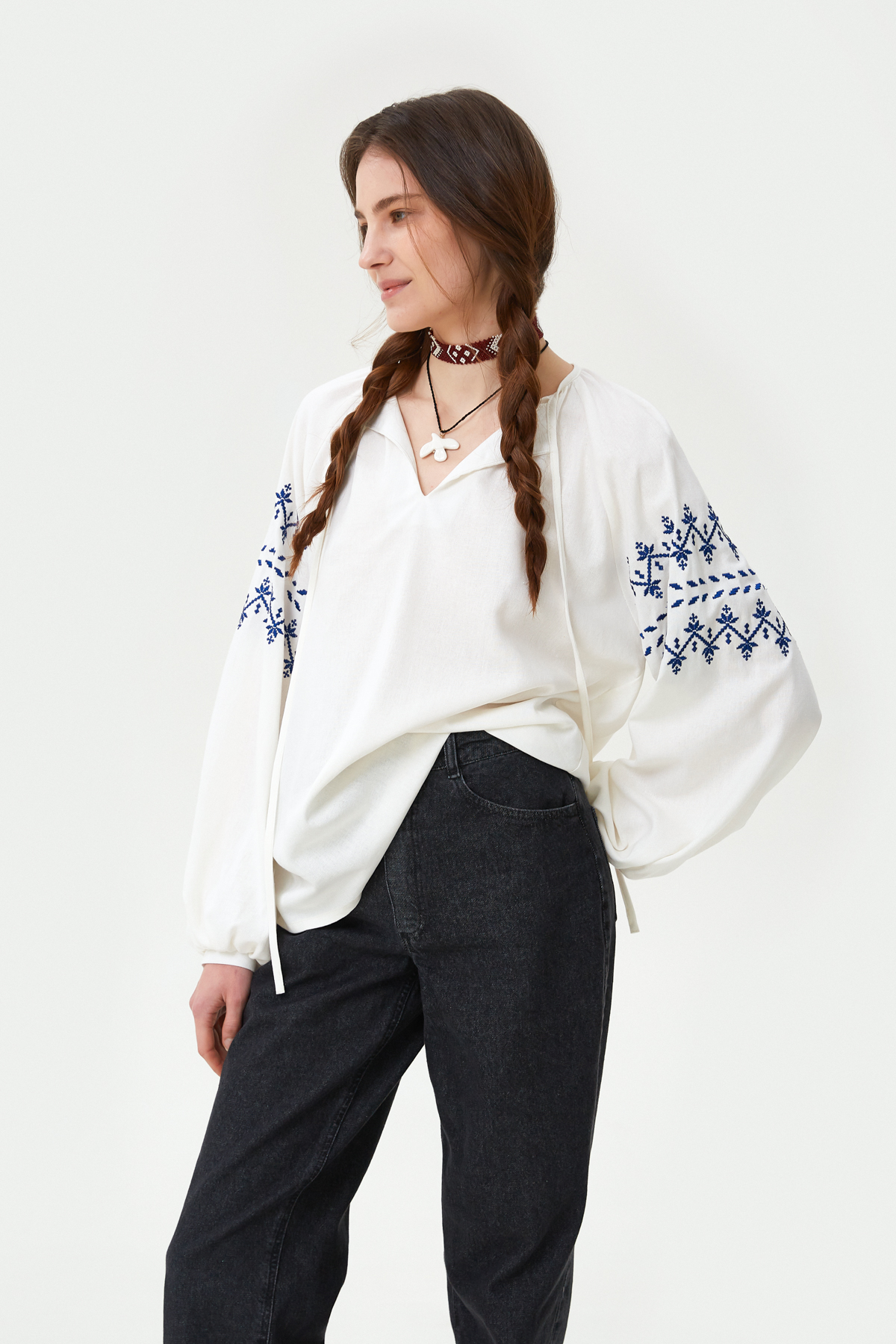 Milky linen vyshyvanka shirt with zigzags embroidery, photo 3