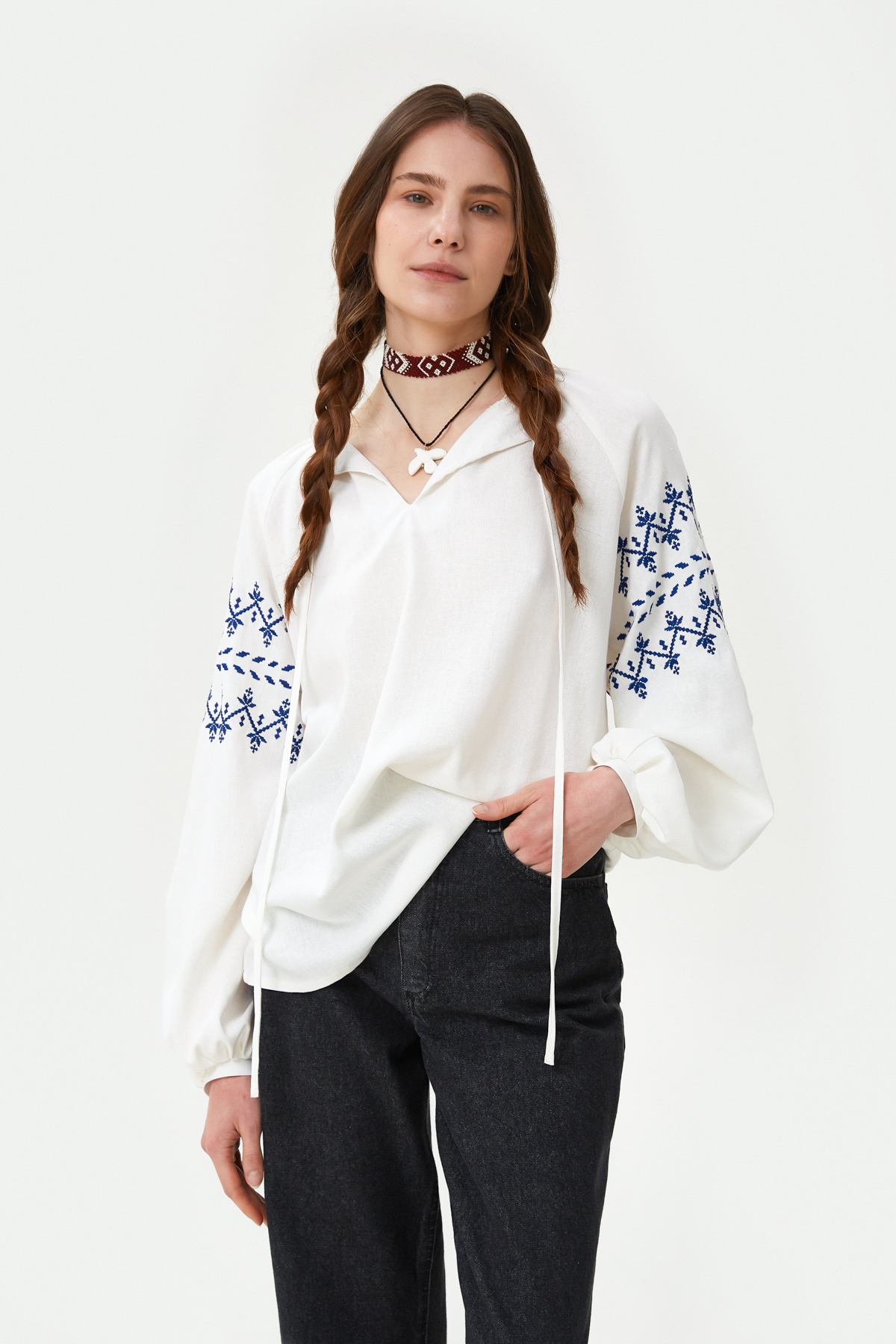 Milky linen vyshyvanka shirt with zigzags embroidery, photo 5