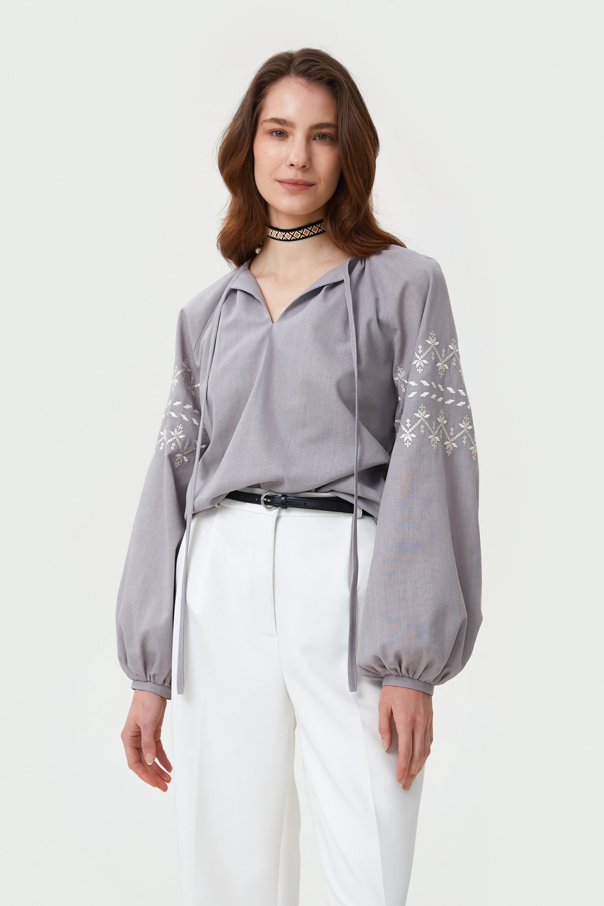 Grey linen vyshyvanka shirt with zigzags embroidery, photo 1