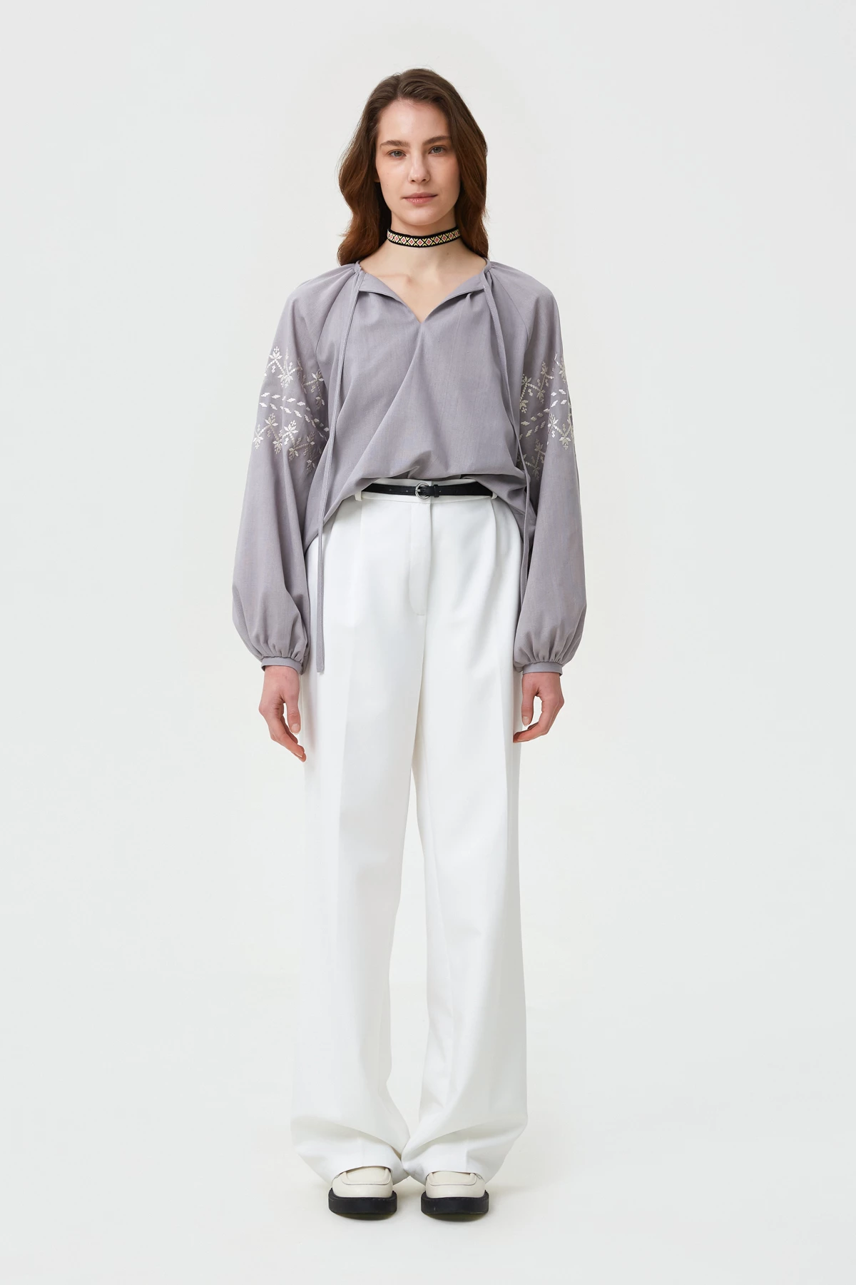 Grey linen vyshyvanka shirt with zigzags embroidery, photo 2