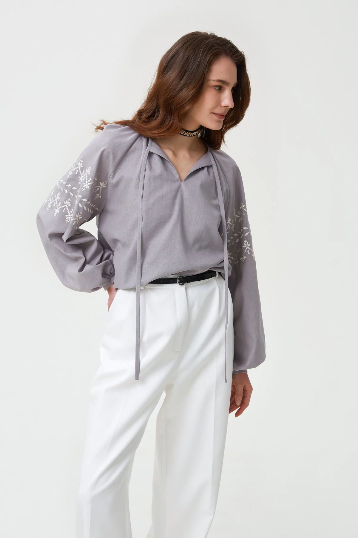 Grey linen vyshyvanka shirt with zigzags embroidery, photo 3