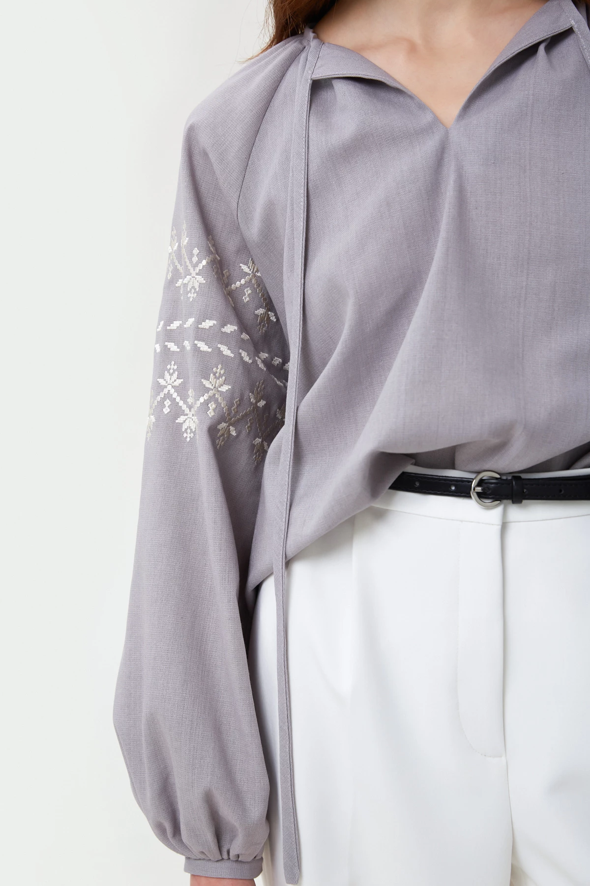 Сіра вишита сорочка в орнамент зигзаги з льоном, фото 4