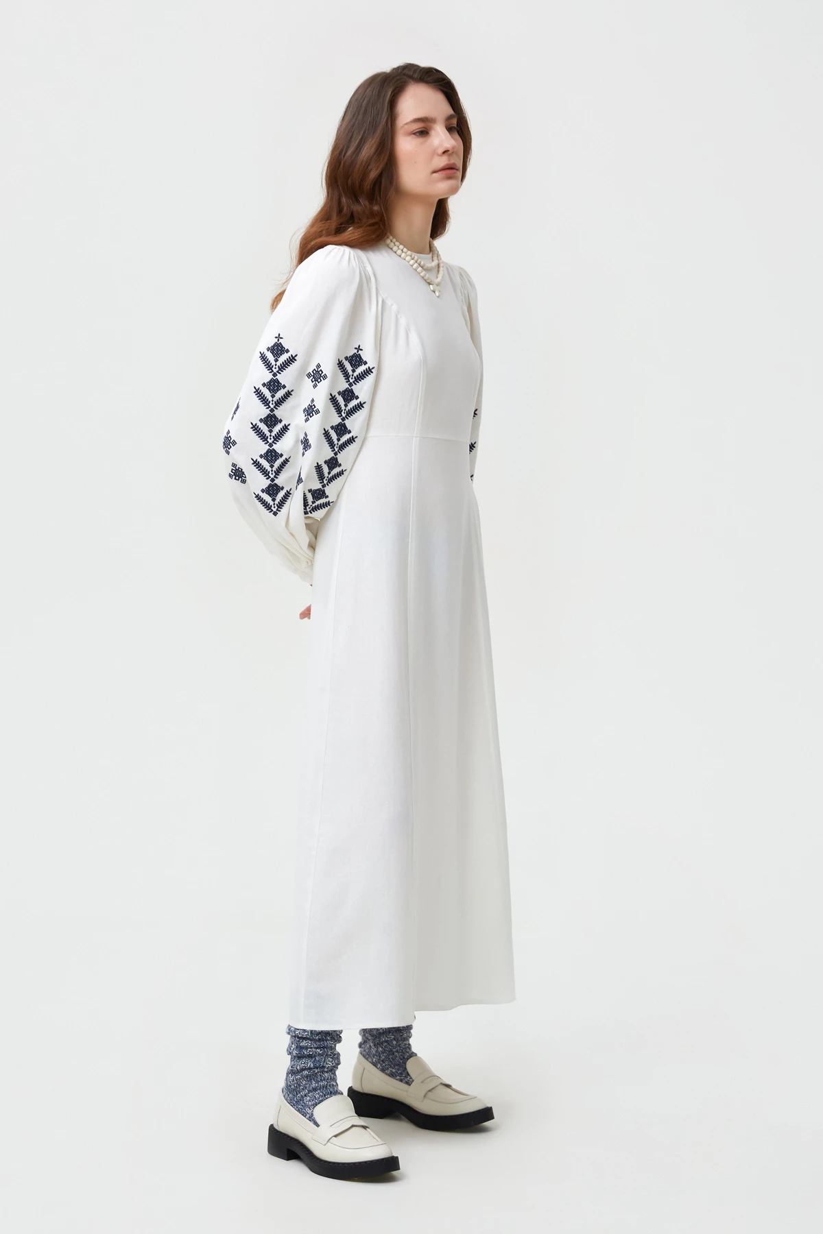 Молочна вишита сукня в орнамент ромби з льоном, фото 1