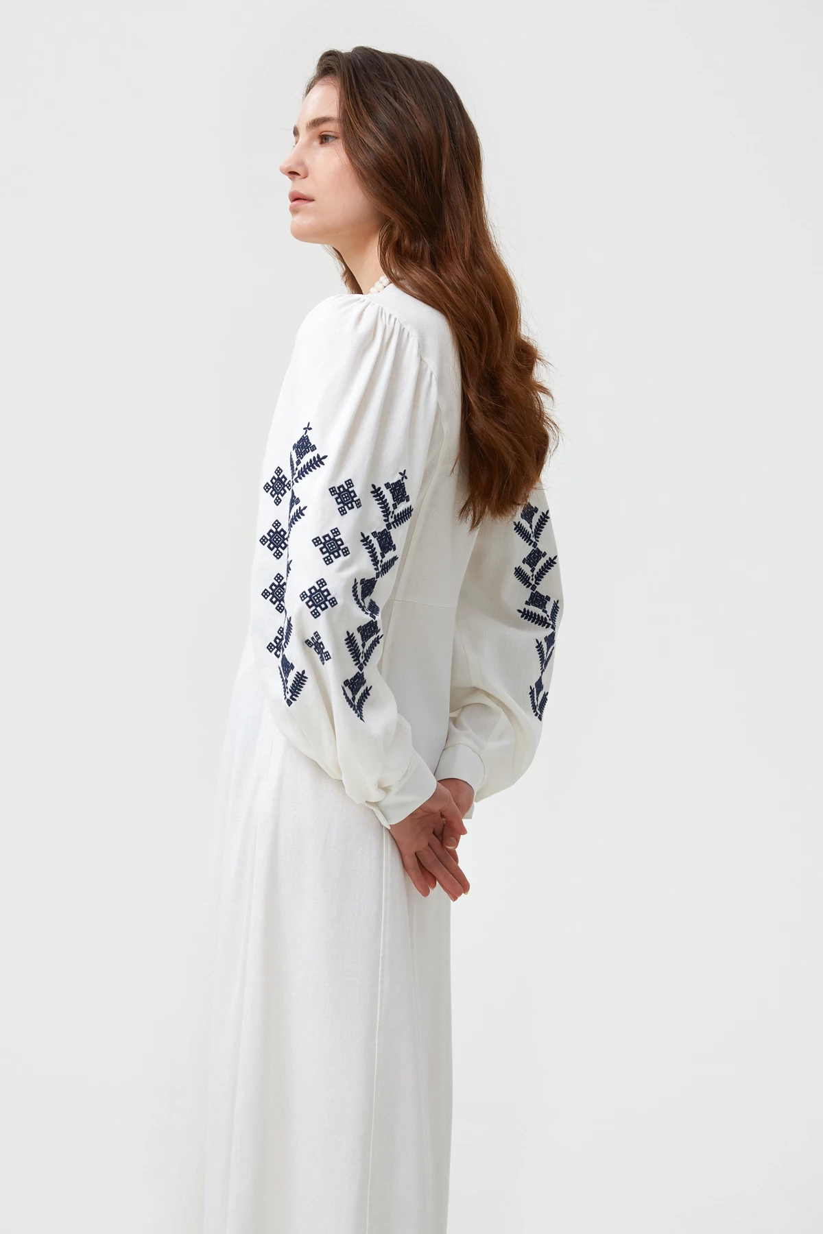 Milky linen vyshyvanka dress with rhombus embroidery, photo 3