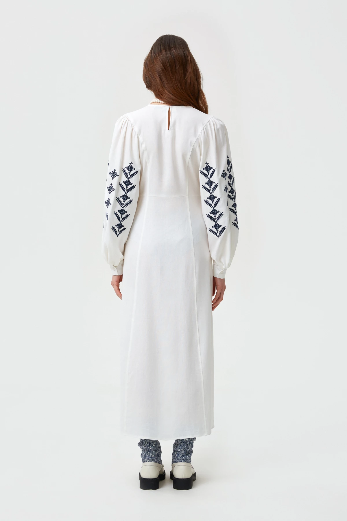 Молочна вишита сукня в орнамент ромби з льоном, фото 6