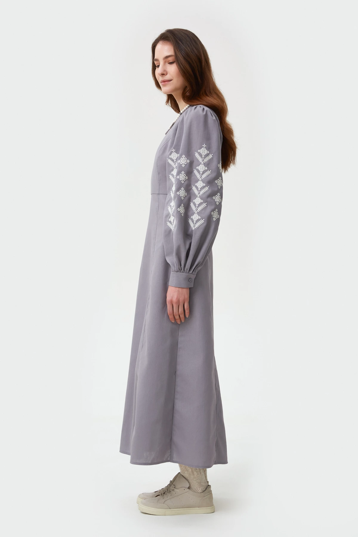 Сіра вишита сукня в орнамент ромби з льоном, фото 2