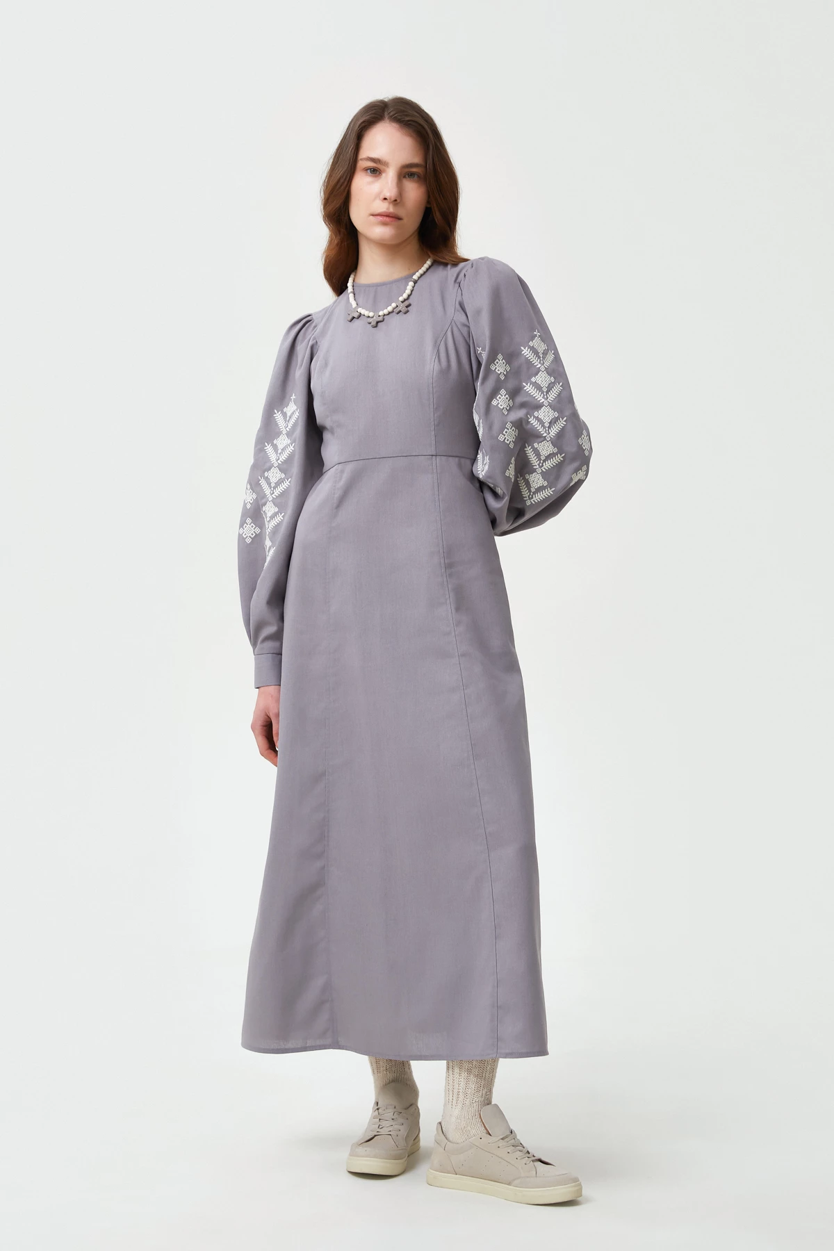 Сіра вишита сукня в орнамент ромби з льоном, фото 3