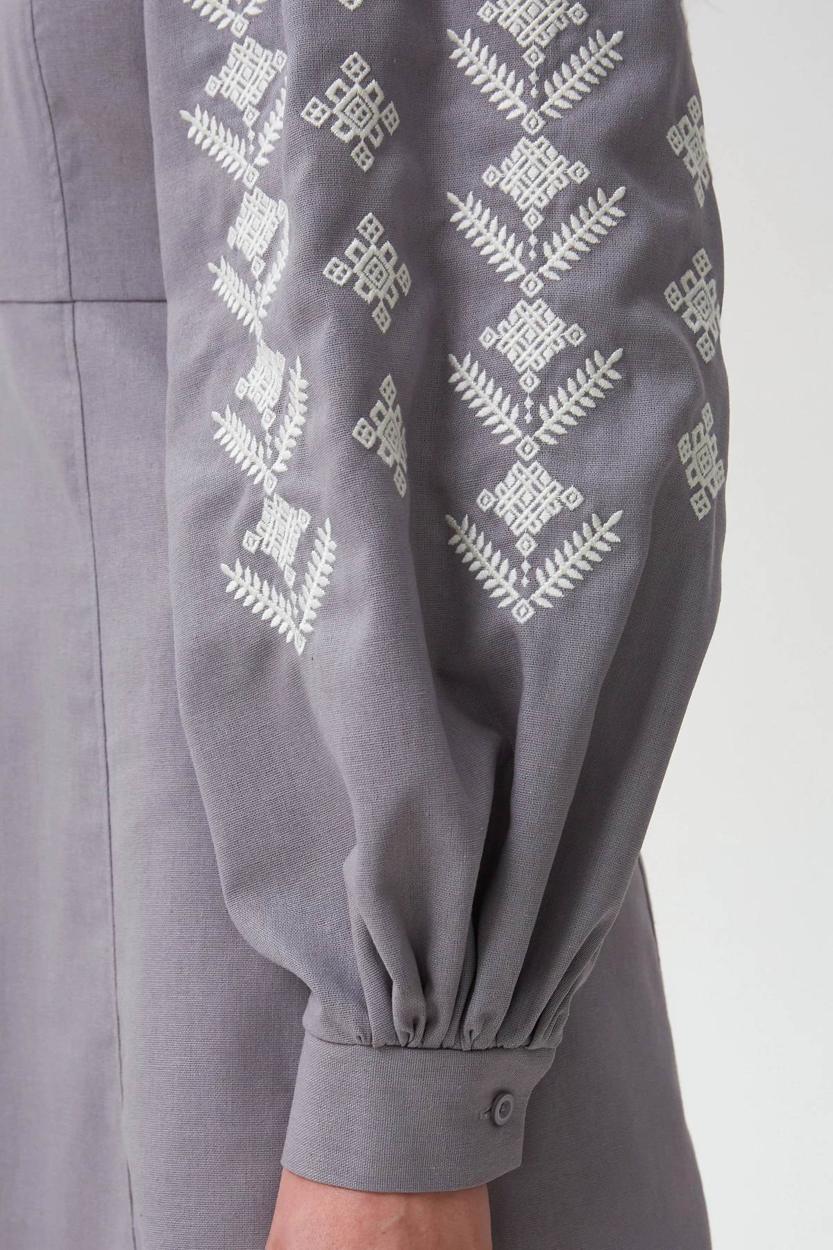 Сіра вишита сукня в орнамент ромби з льоном, фото 5