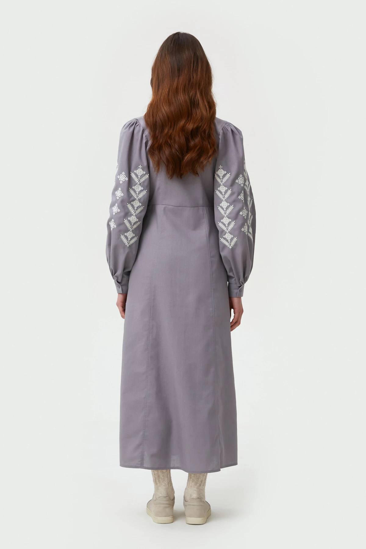 Сіра вишита сукня в орнамент ромби з льоном, фото 6