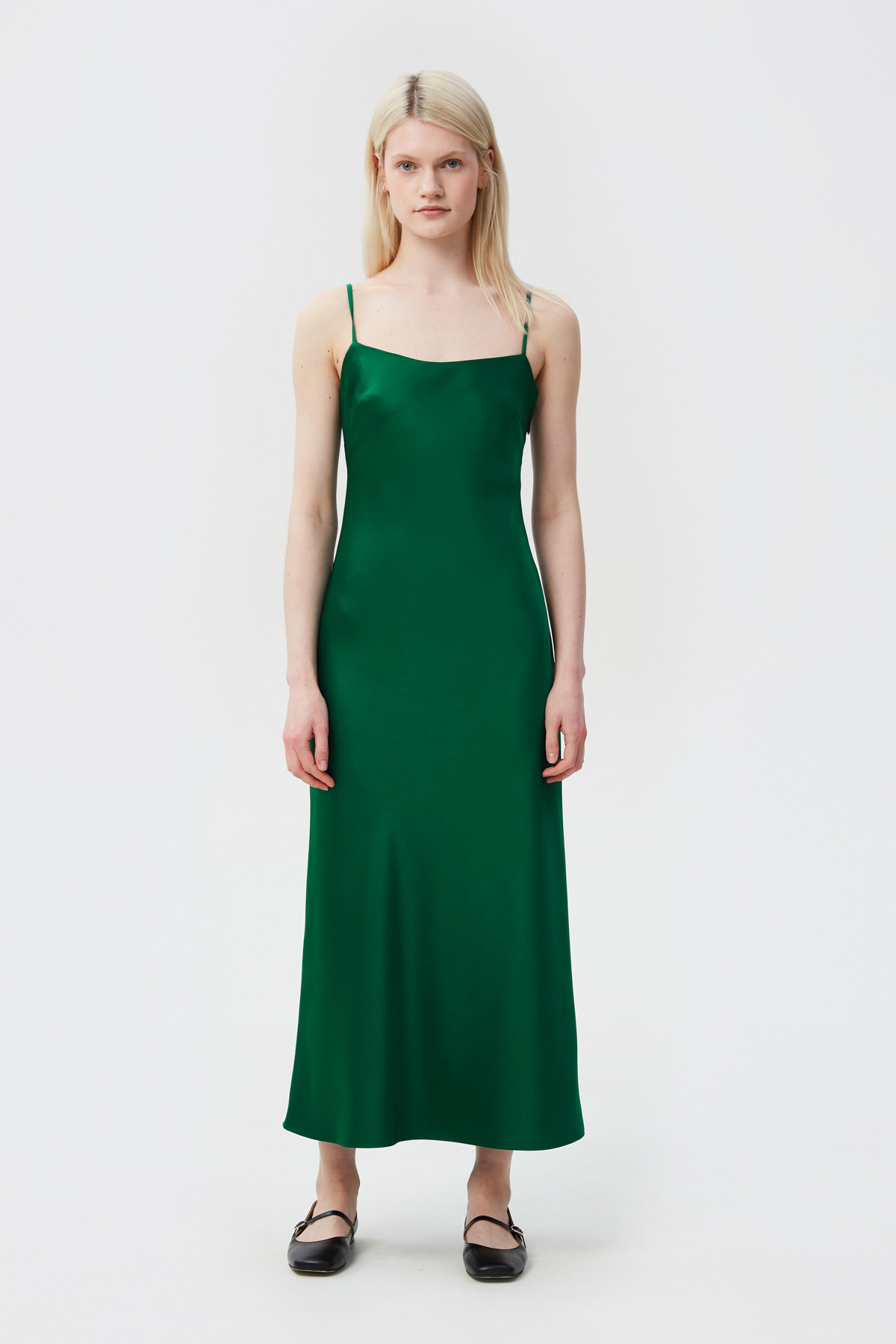 Темно-зелена сатинова сукня довге міді з відкритою спиною, фото 2