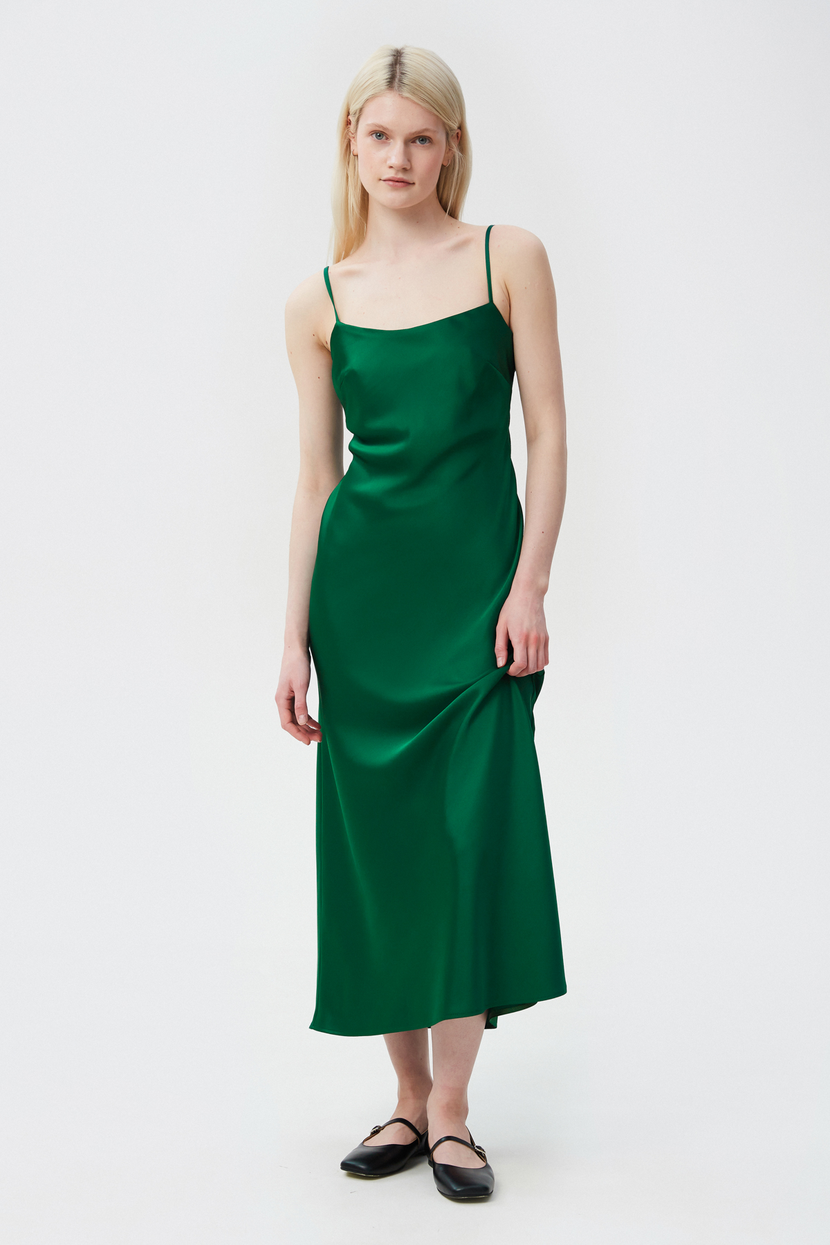Темно-зелена сатинова сукня довге міді з відкритою спиною, фото 3