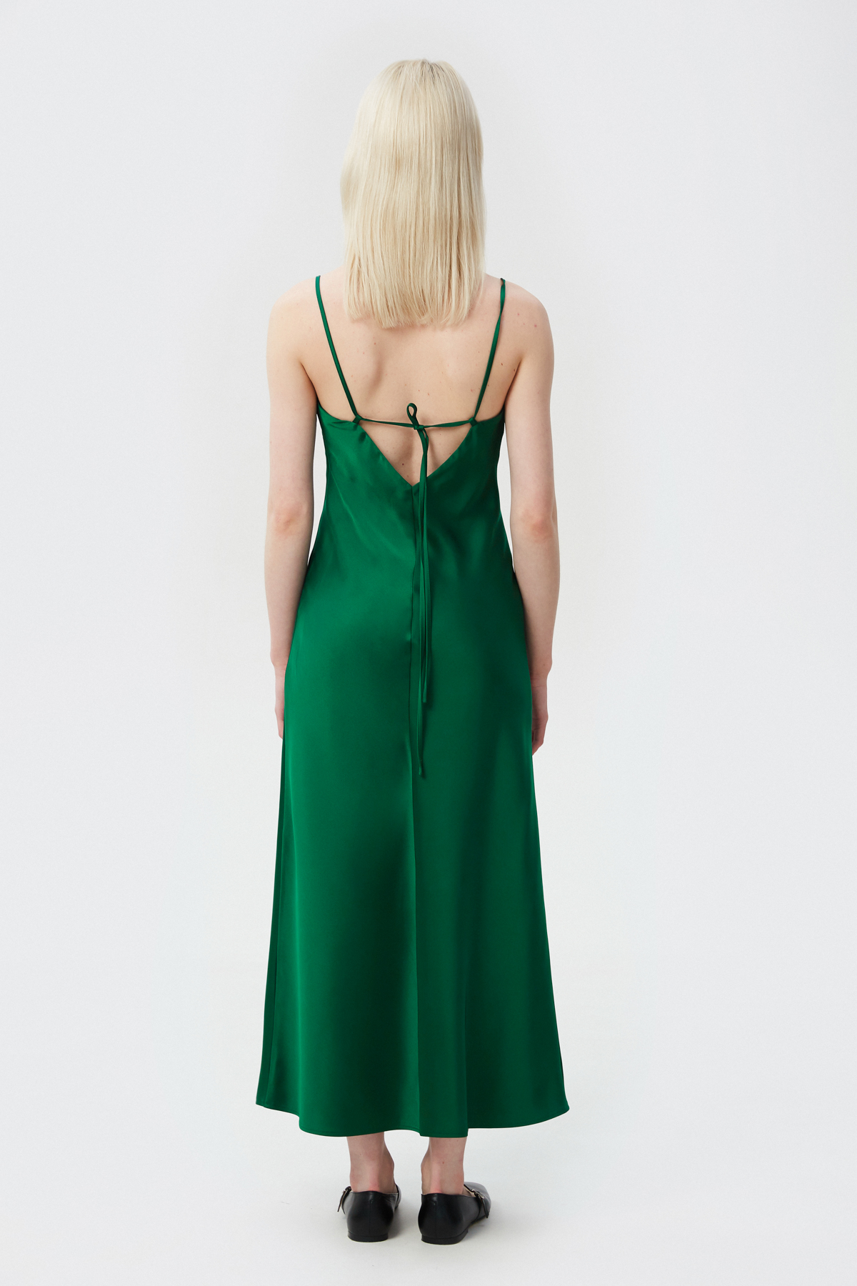 Темно-зелена сатинова сукня довге міді з відкритою спиною, фото 4