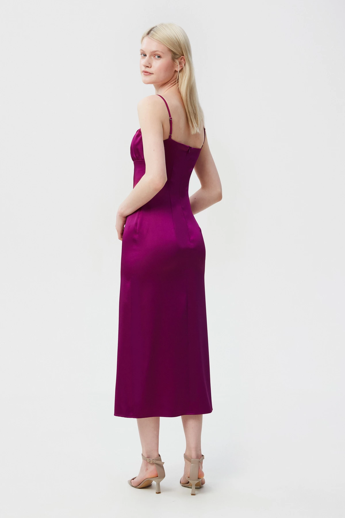 Сукня-комбінація довге міді кольору фуксія з сатину, фото 3