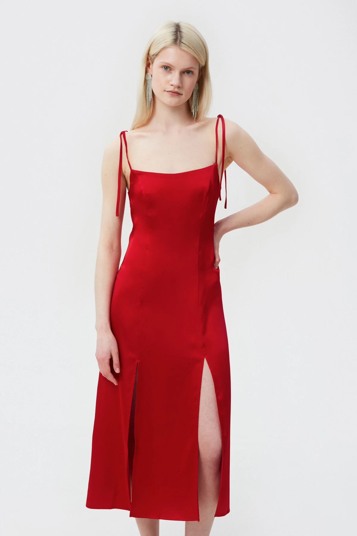 Червона сукня міді з розрізом по нозі з сатину, фото 1