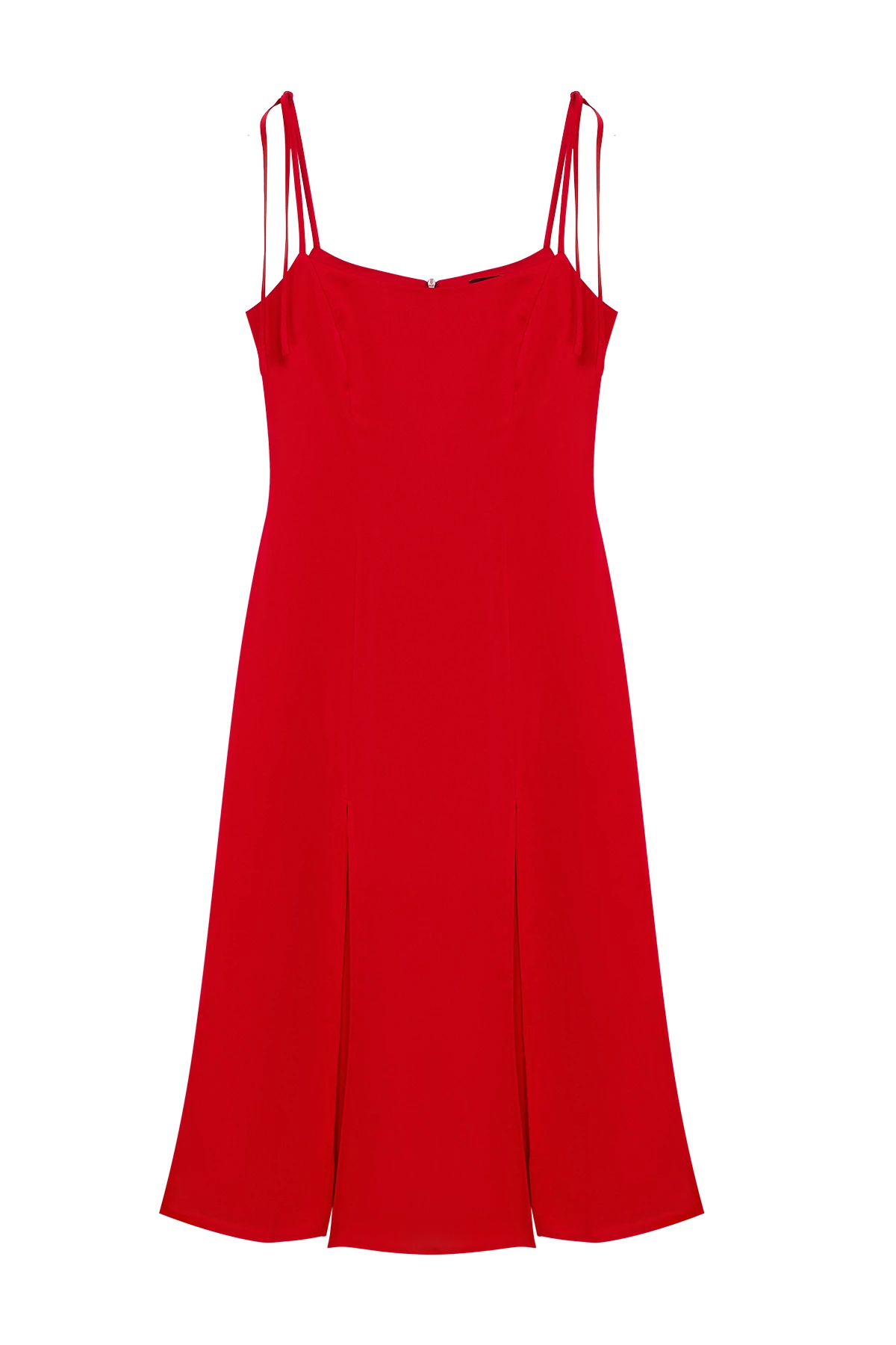 Червона сукня міді з розрізом по нозі з сатину, фото 5
