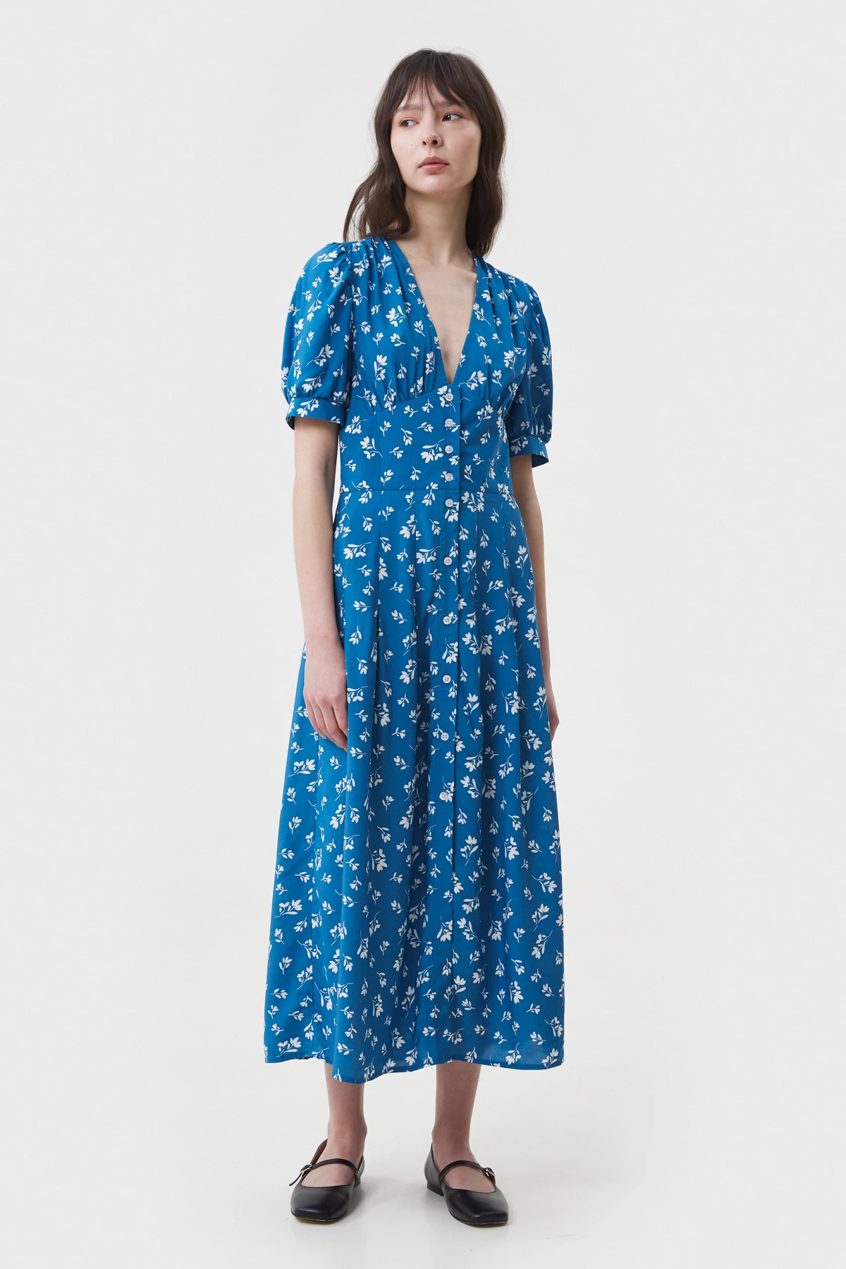 Blue viscose midi dress with buttons in floral print, photo 3