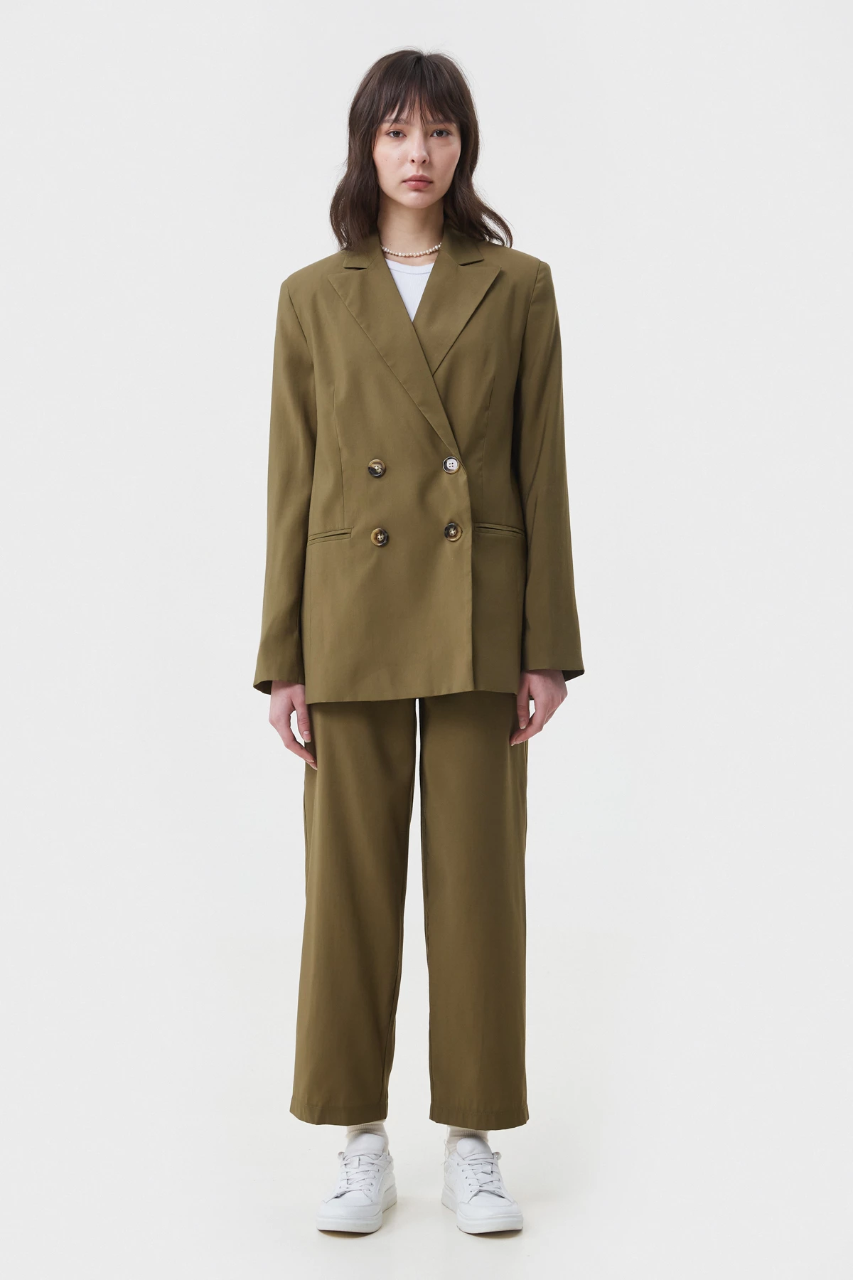 Double-breasted straight khaki jacket made of suit fabric with viscose, photo 1