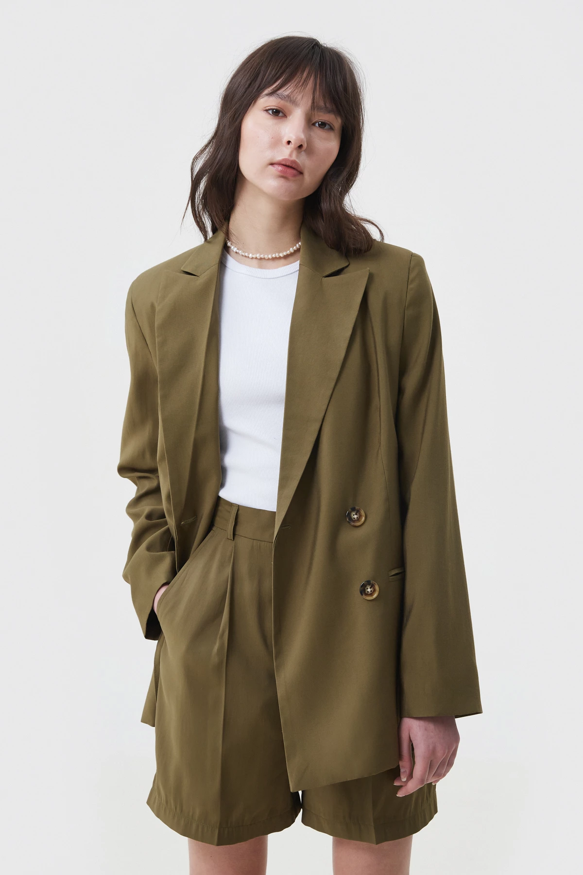 Double-breasted straight khaki jacket made of suit fabric with viscose, photo 4