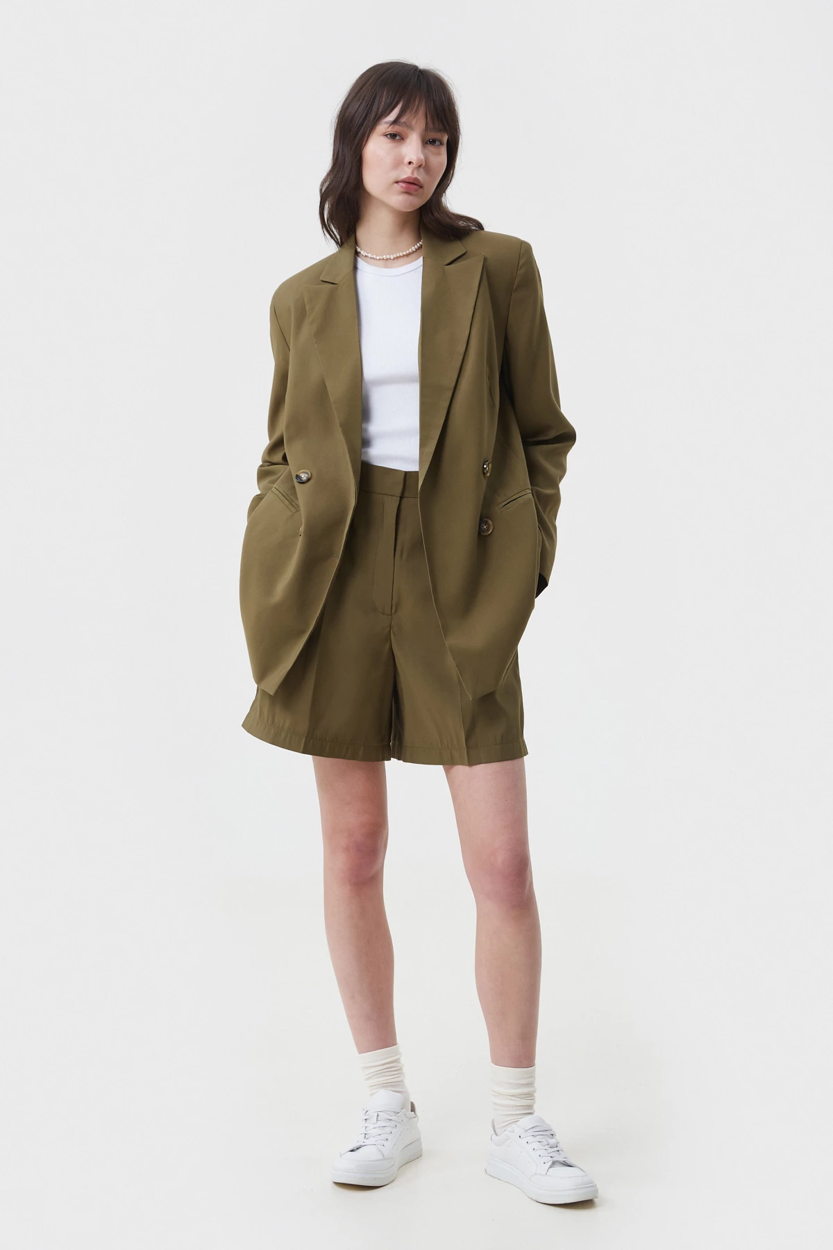 Double-breasted straight khaki jacket made of suit fabric with viscose, photo 5