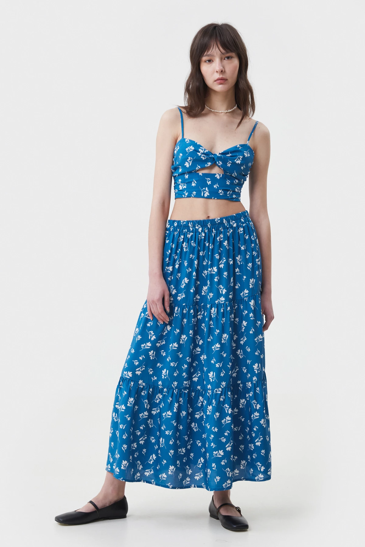 Blue viscose midi skirt in floral print, photo 1