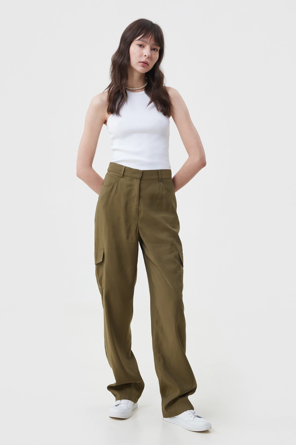 Khaki cargo pants made of suit fabric with viscose, photo 1