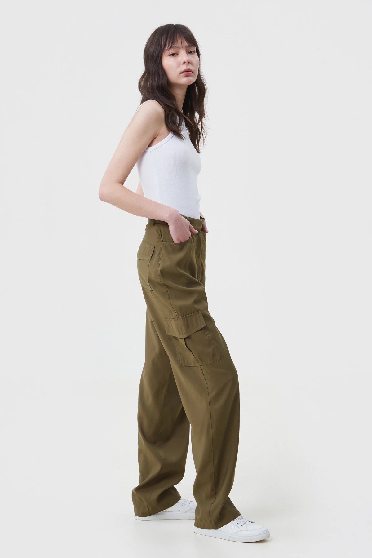 Khaki cargo pants made of suit fabric with viscose, photo 2