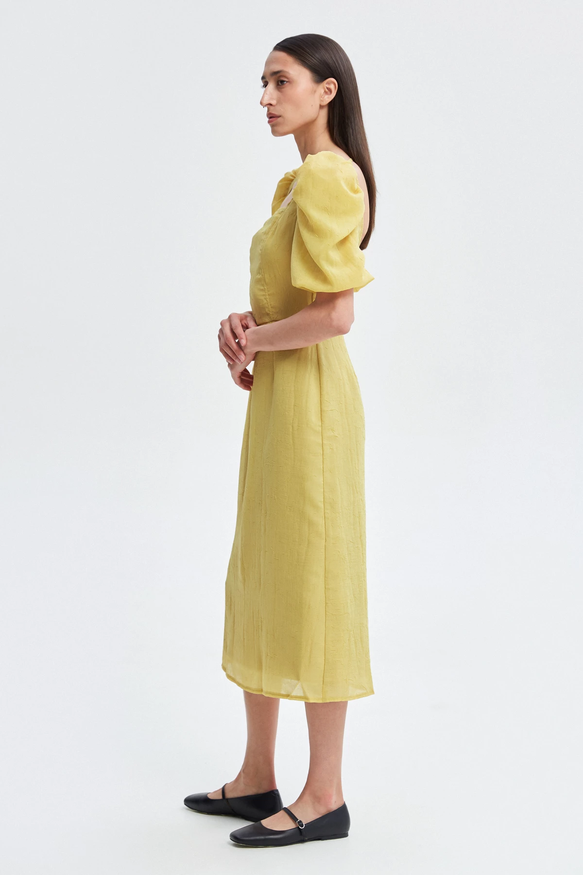 Гірчична сукня міді з відкритою спиною з шифону, фото 3