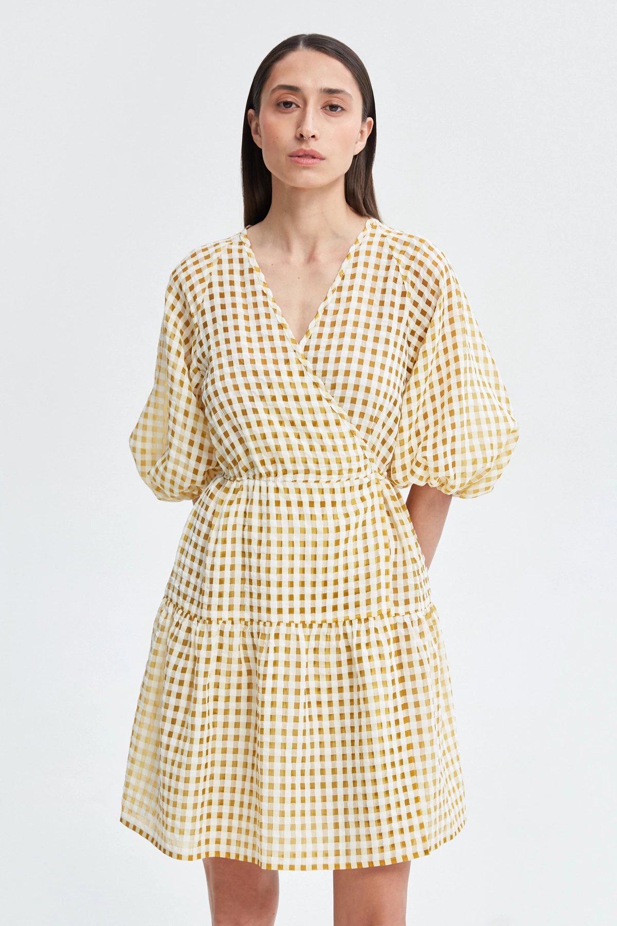Checkered yellow chiffon dress, photo 1