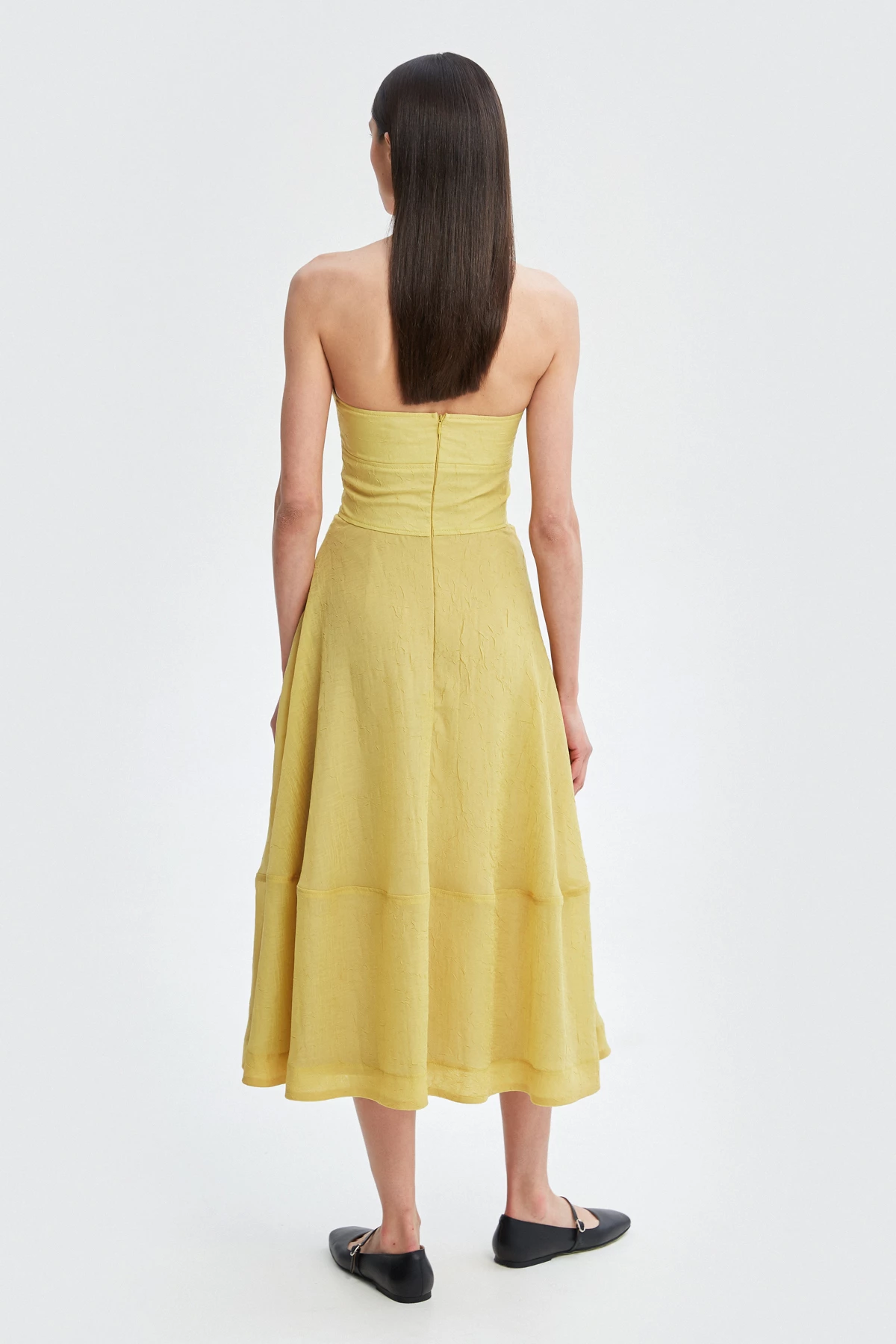 Гірчична сукня міді з відкритими плечима з шифону, фото 5