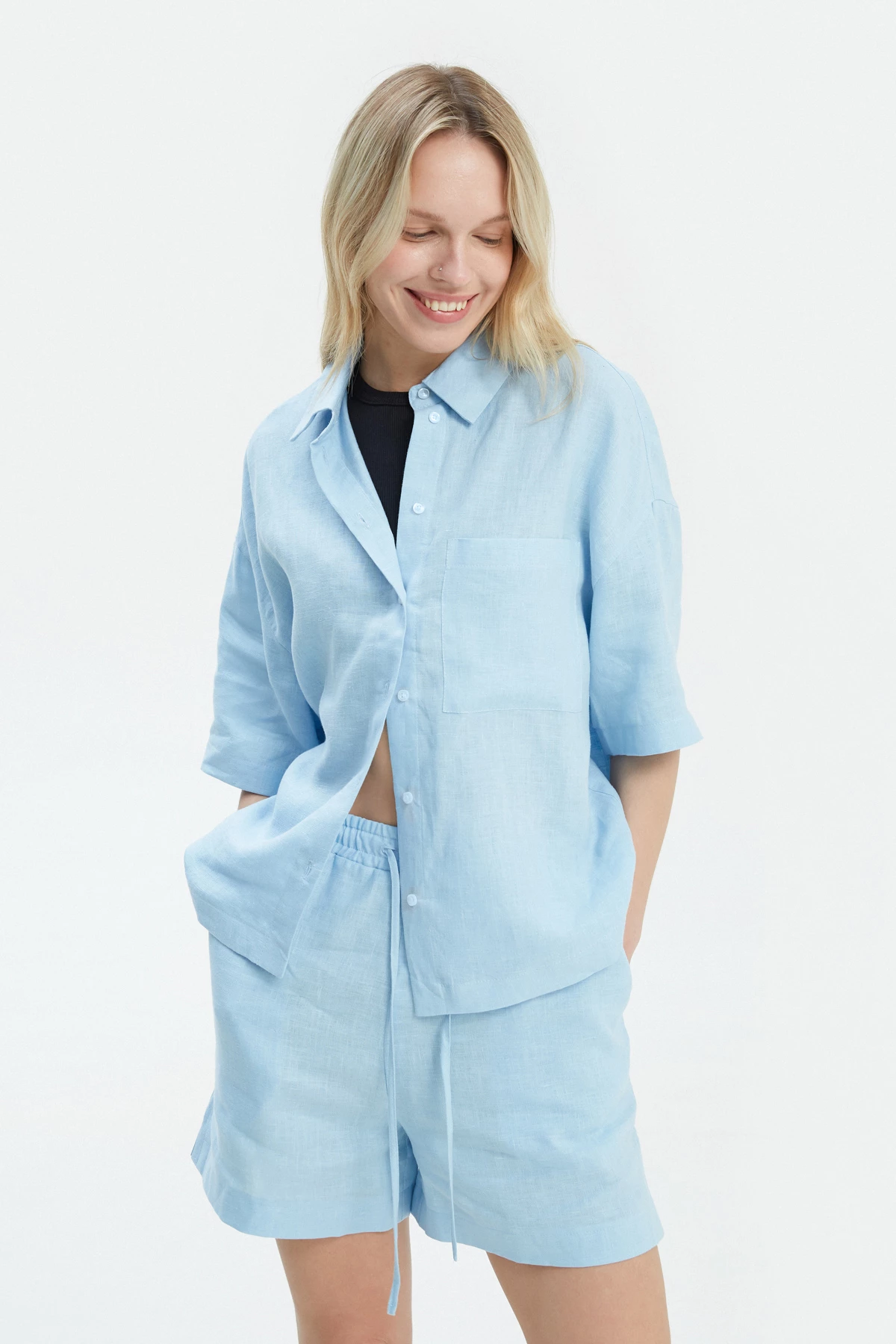 Blue linen shirt with elbow length sleeves, photo 3
