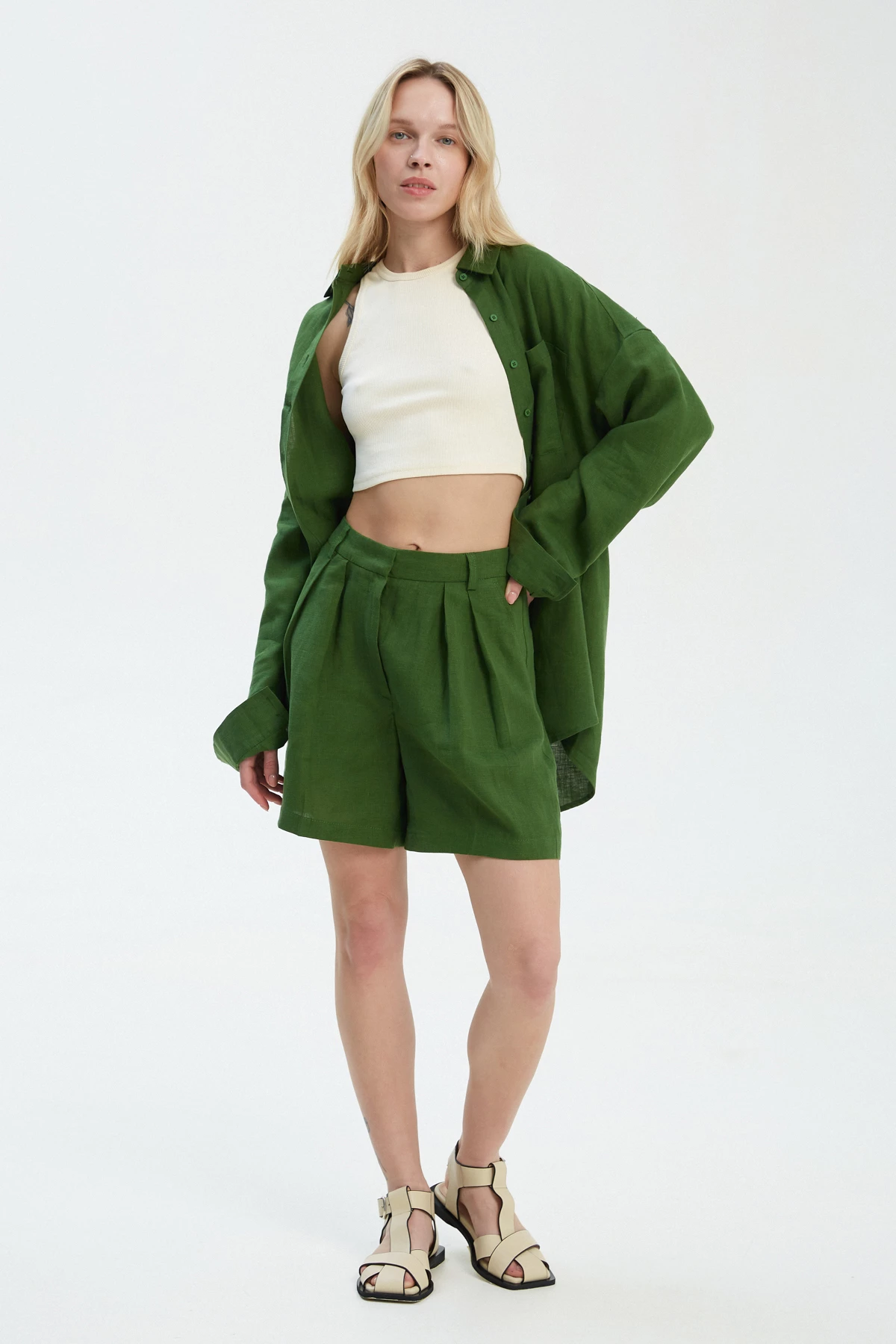 Green loose-fit shirt made of 100% linen, photo 4