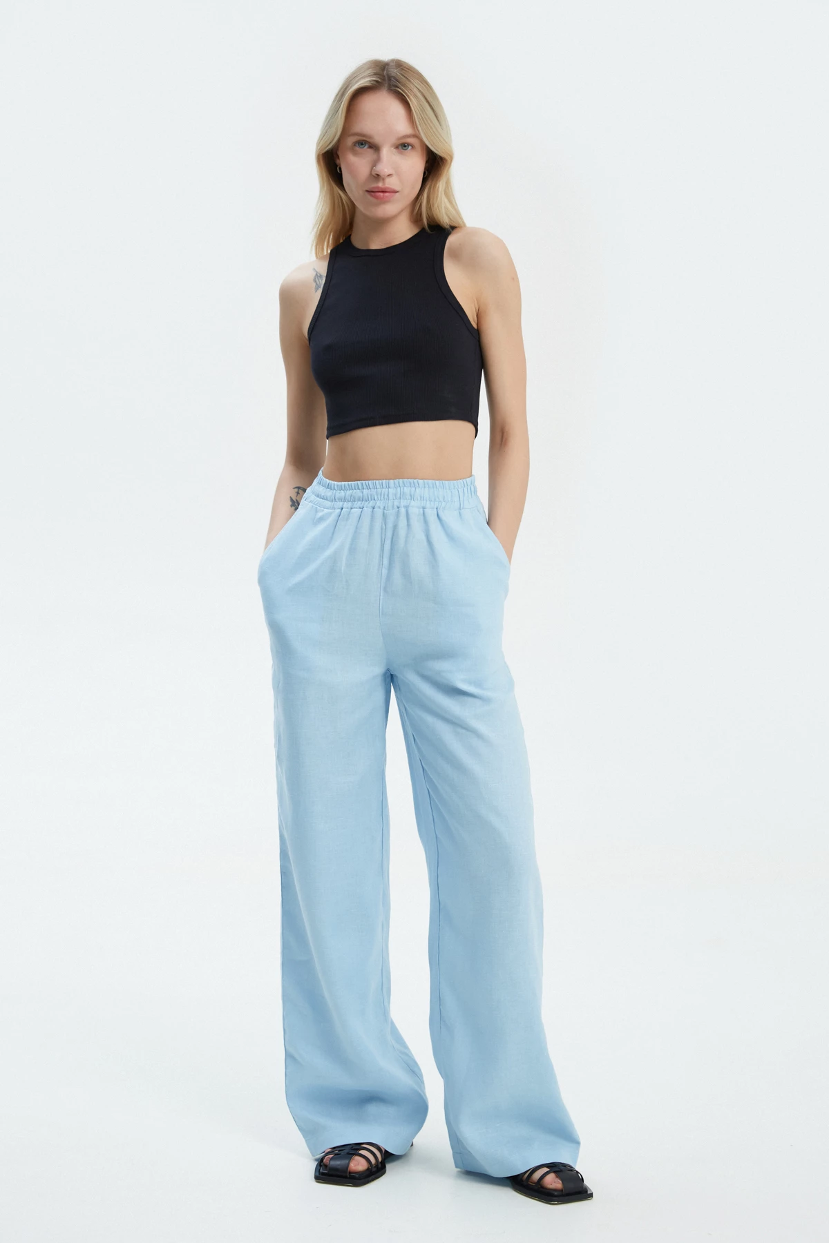 Blue loose-fit pants made of 100% linen, photo 1