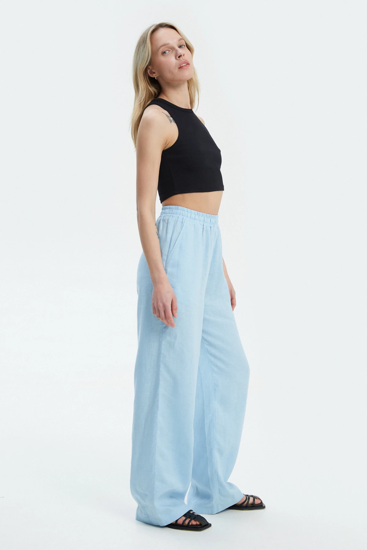 Blue loose-fit pants made of 100% linen, photo 2