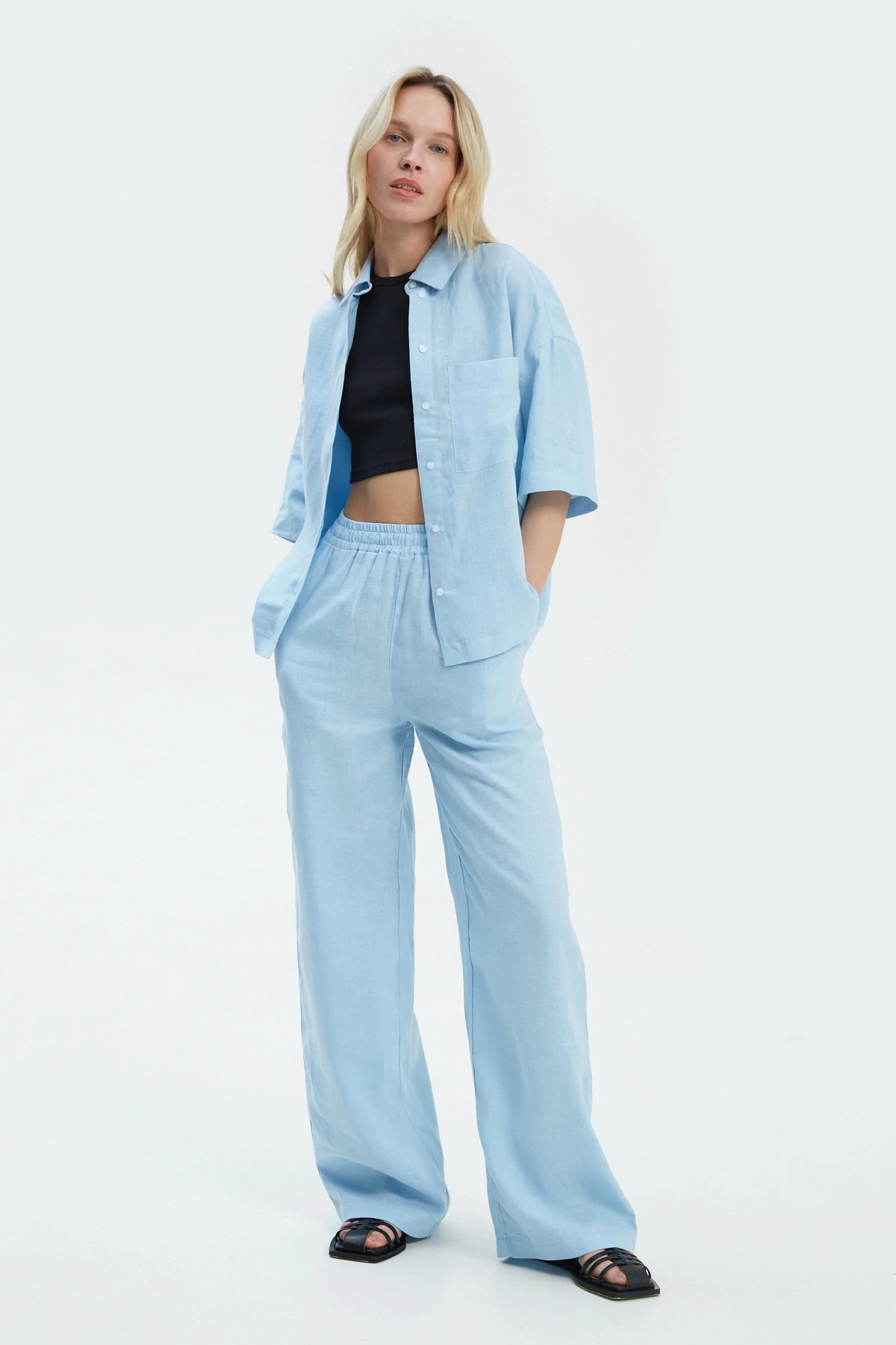 Blue loose-fit pants made of 100% linen, photo 4