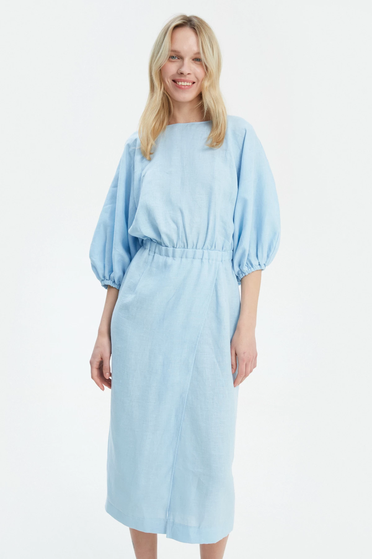 Blue linen midi dress with voluminous top, photo 1