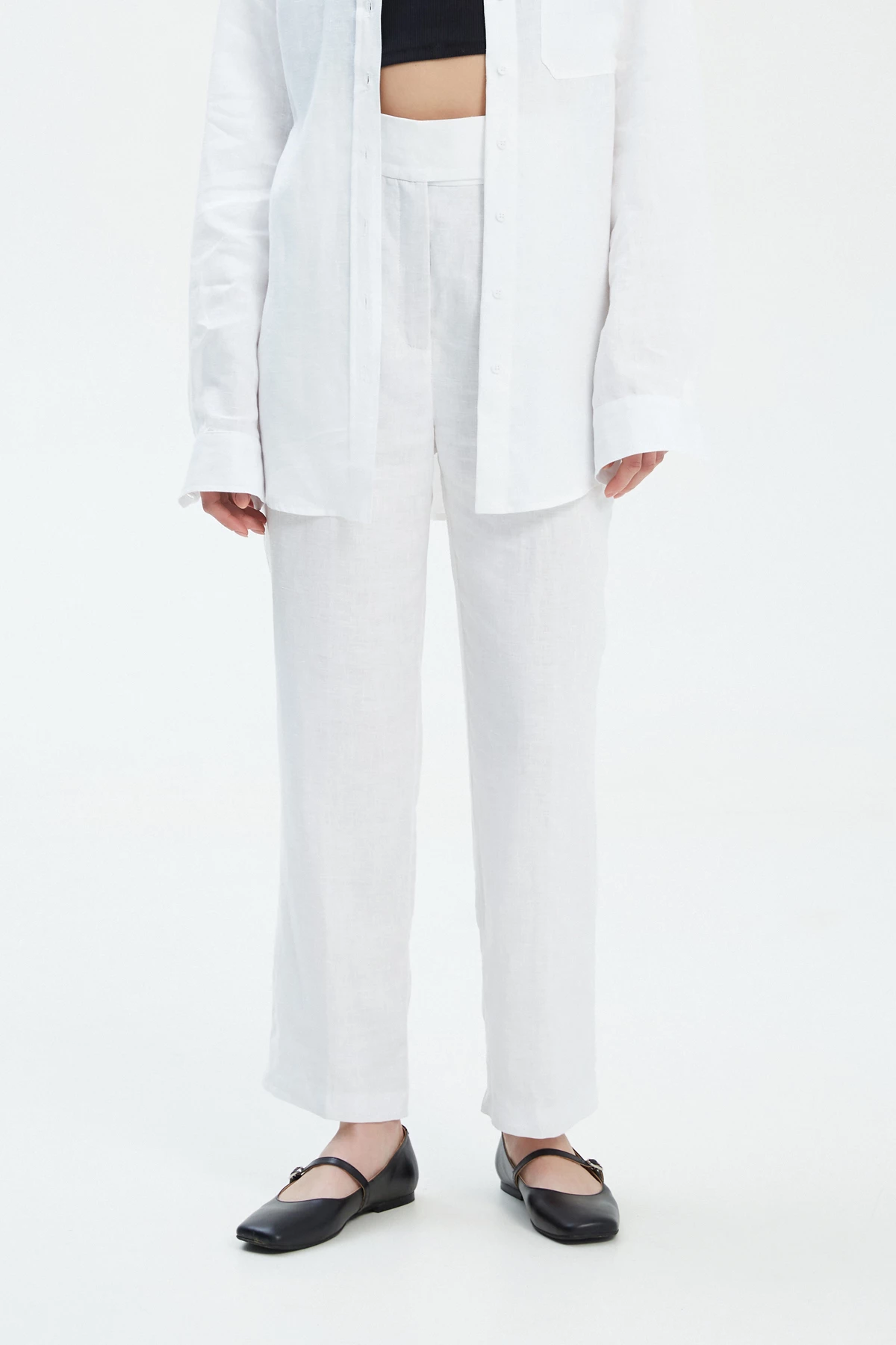 White straight cut cropped linen trousers, photo 3