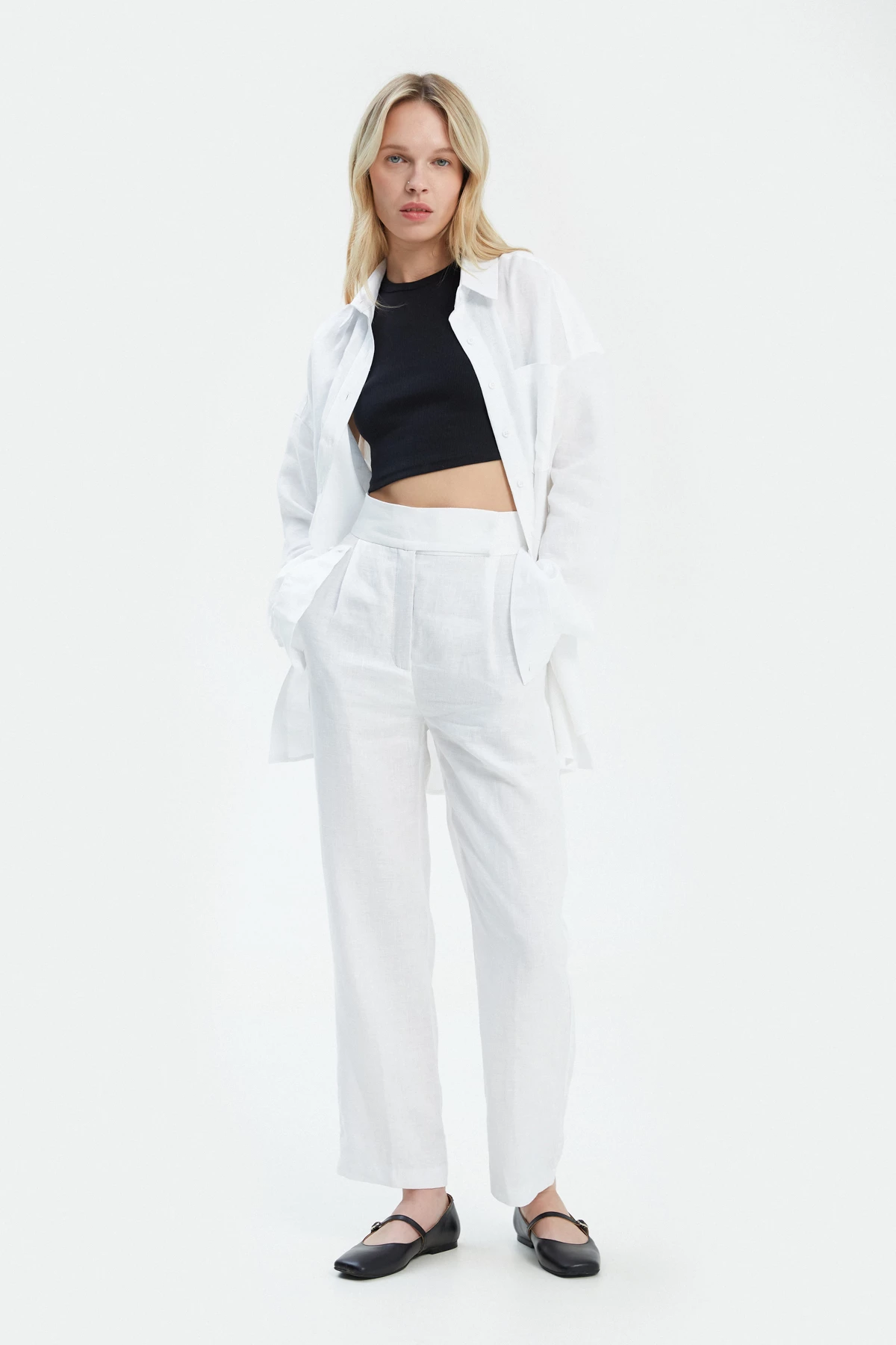 White straight cut cropped linen trousers, photo 4