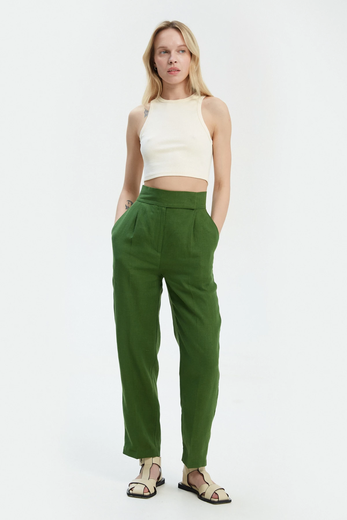 Green straight cut cropped linen trousers, photo 1