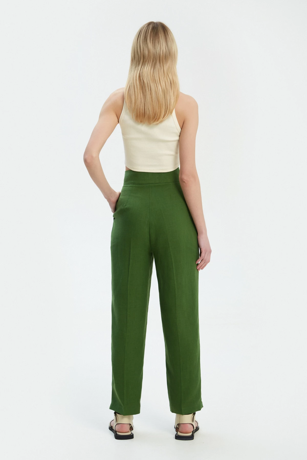 Green straight cut cropped linen trousers, photo 2