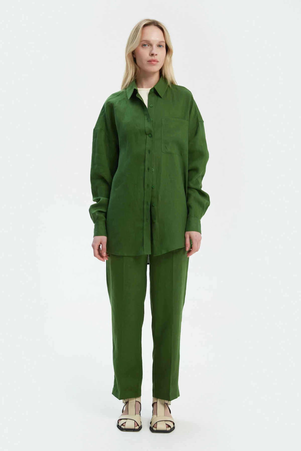 Green straight cut cropped linen trousers, photo 3