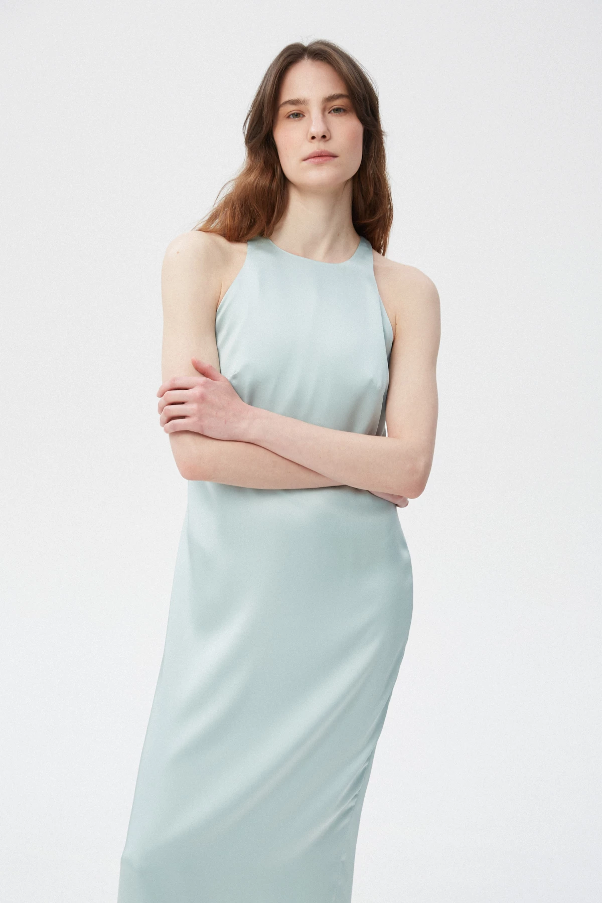 Фісташкова сукня-комбінація міді з щільного сатину, фото 2