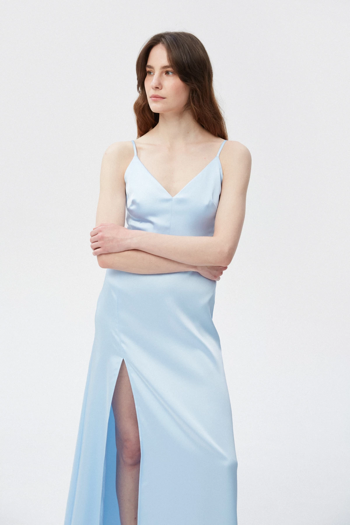 Голубое платье-комбинация макси из плотного сатина, фото 1