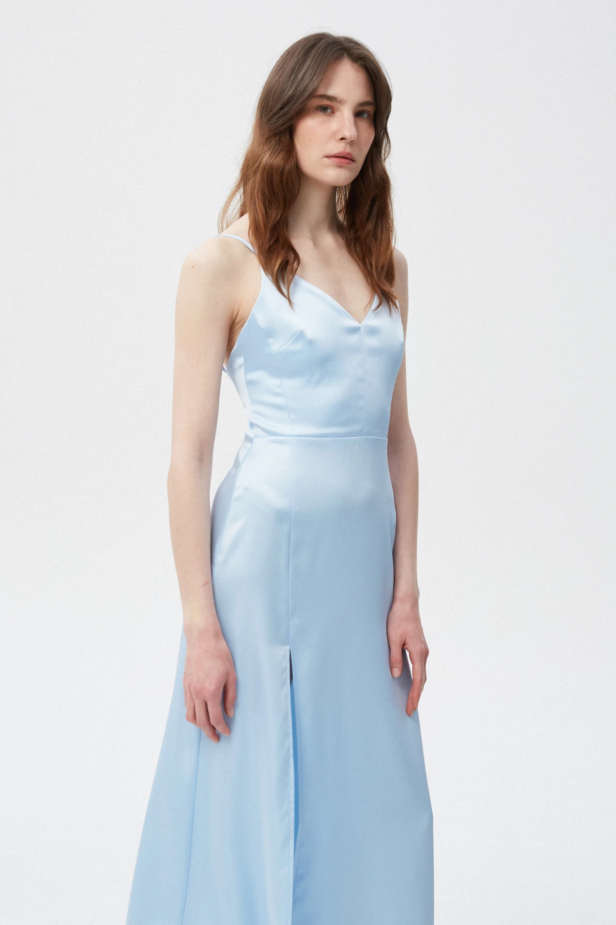 Блакитна сукня-комбінація максі з щільного сатину, фото 4