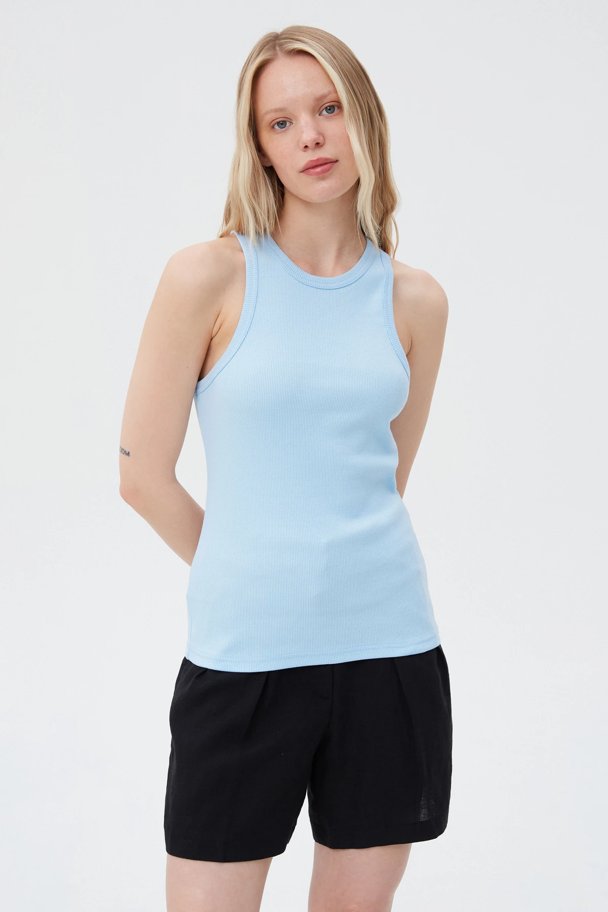 Blue cotton ribbed tank top with an oval neckline, photo 1
